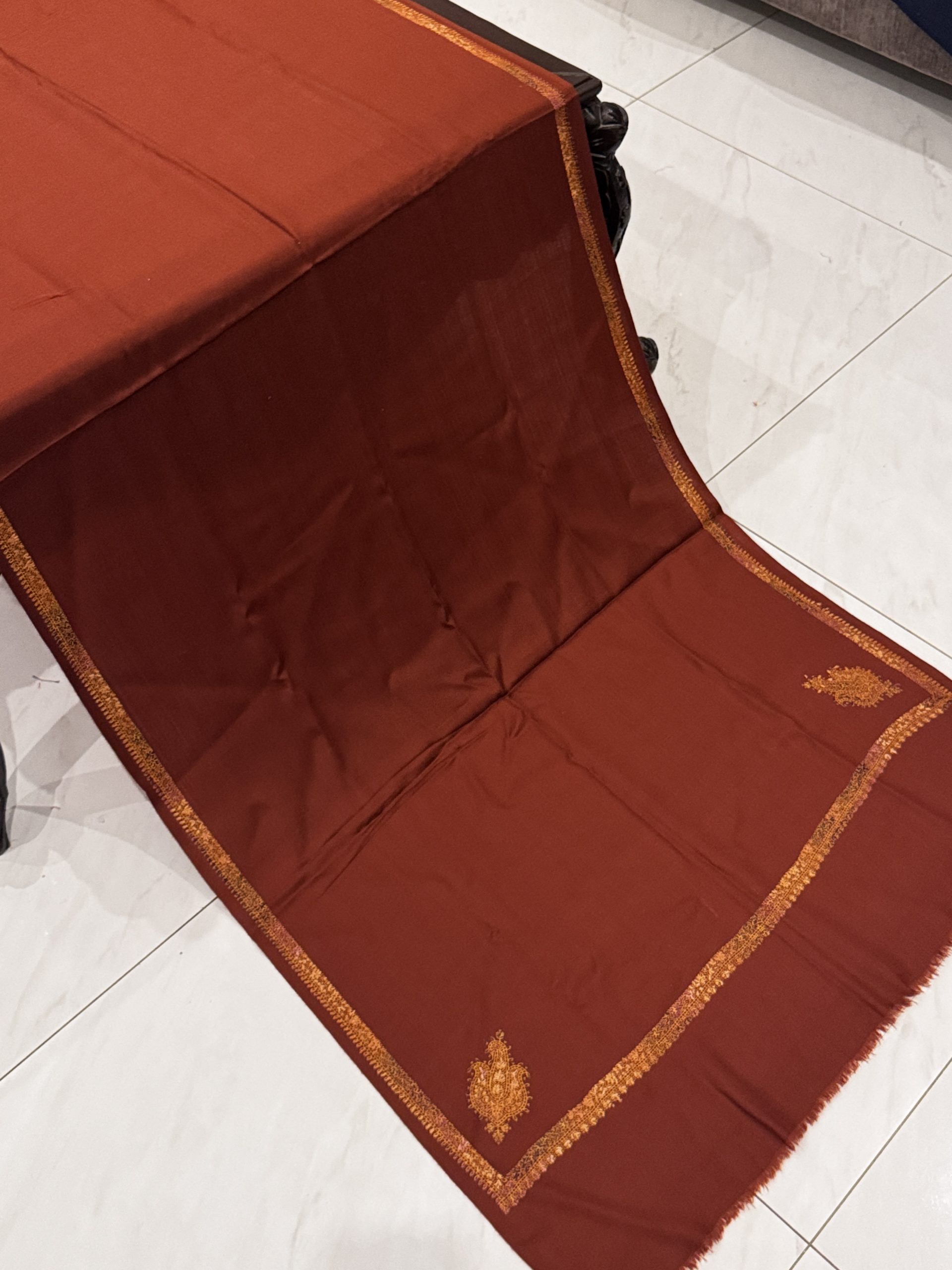 Sehrish – Rust Pashmina Stole with Kingri Border Embroidery (28x80 inches) - Image 3