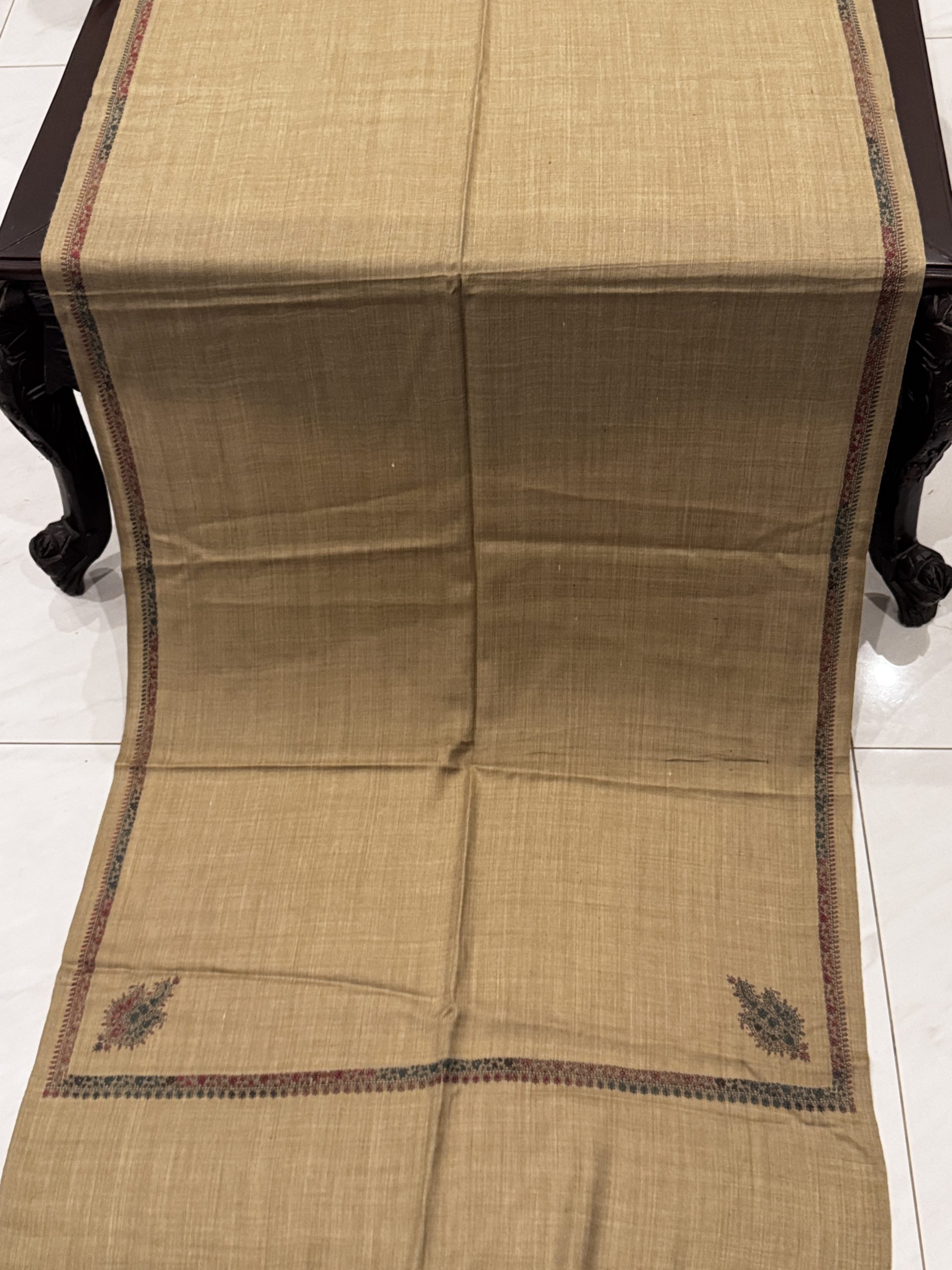 Hina – Dark Beige Pashmina Stole with Kingri Border Embroidery (28x80 inches)