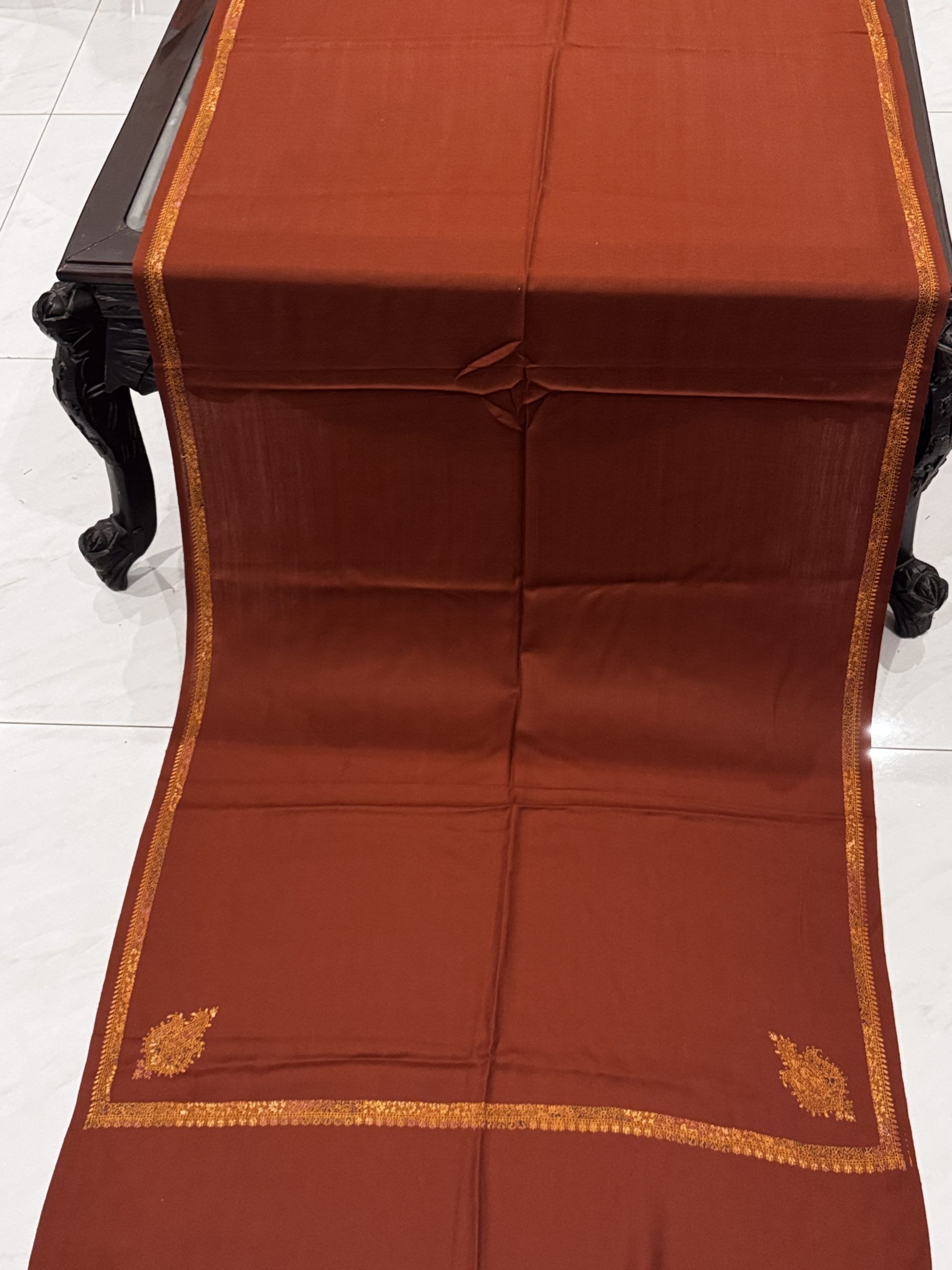 Sehrish – Rust Pashmina Stole with Kingri Border Embroidery (28x80 inches)