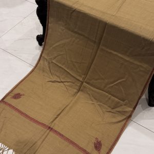Mahveen – Dark Brown Beige Pashmina Stole with Kingri Border Embroidery (28x80 inches)
