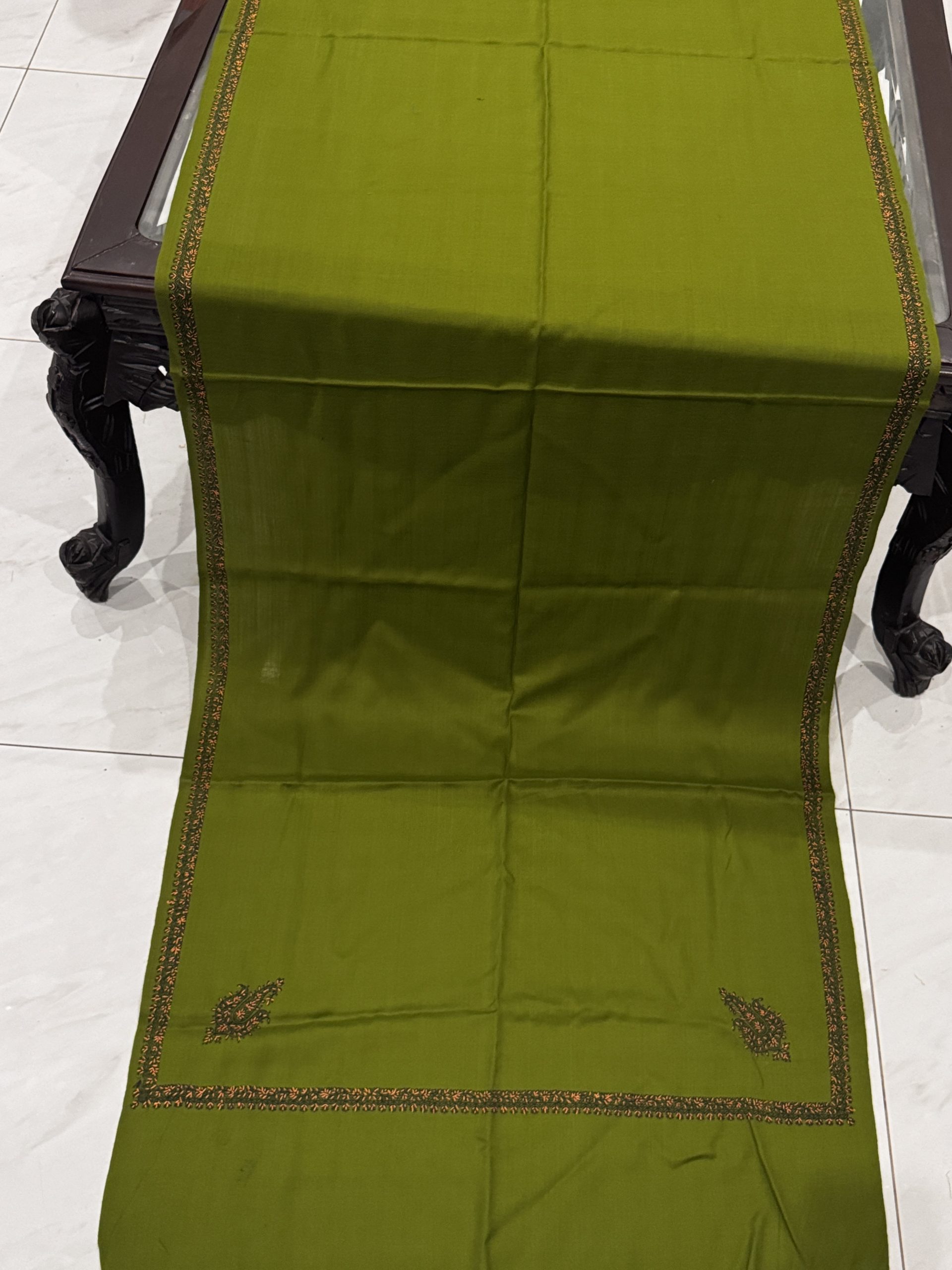 Zamurd – Olive Green Pashmina Stole with Kingri Border Embroidery (28x80 inches) - Image 2