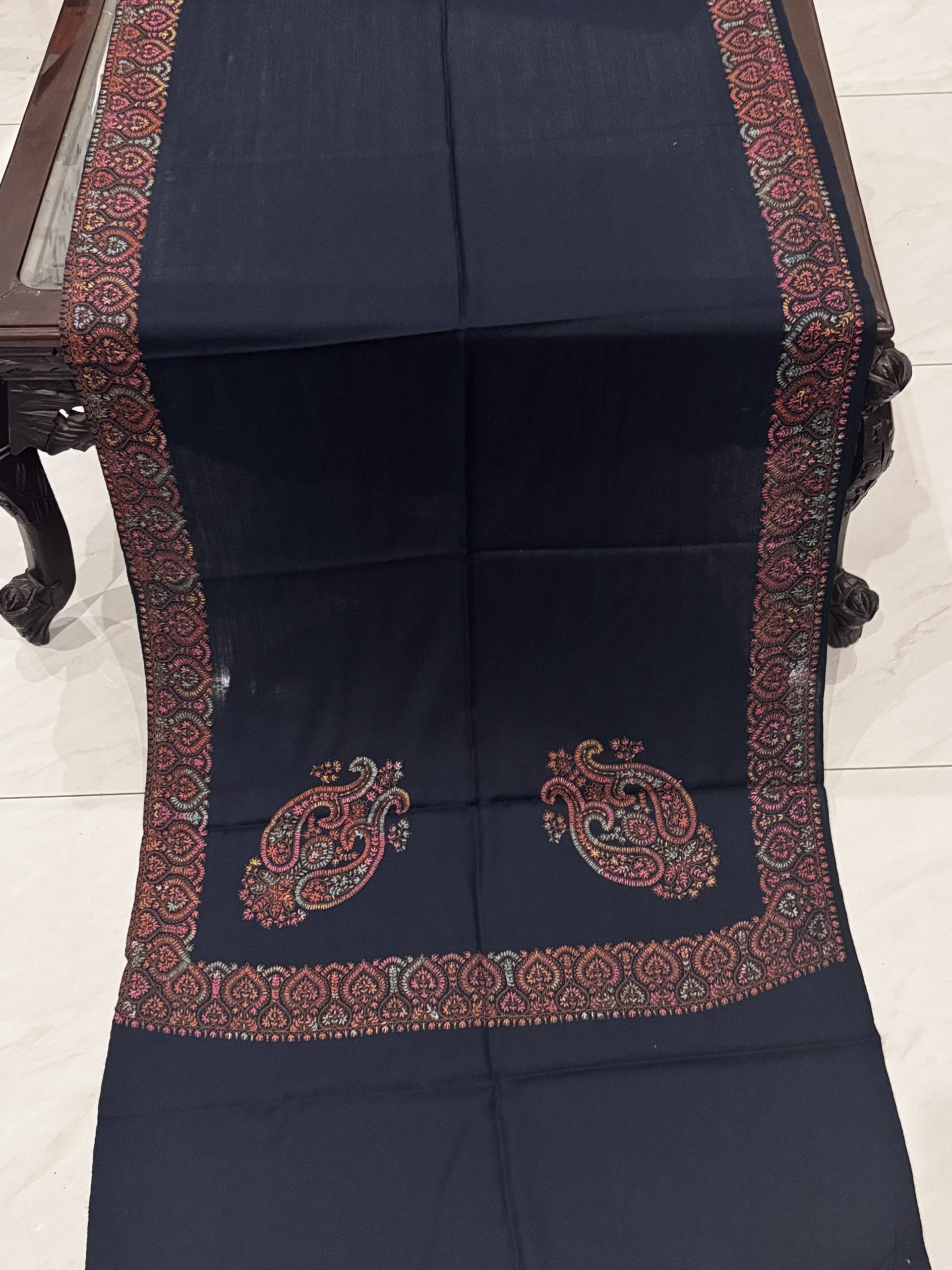 Mahveen – Navy Blue Classic Border Pashmina Stole (28x80 Inches) - Image 2
