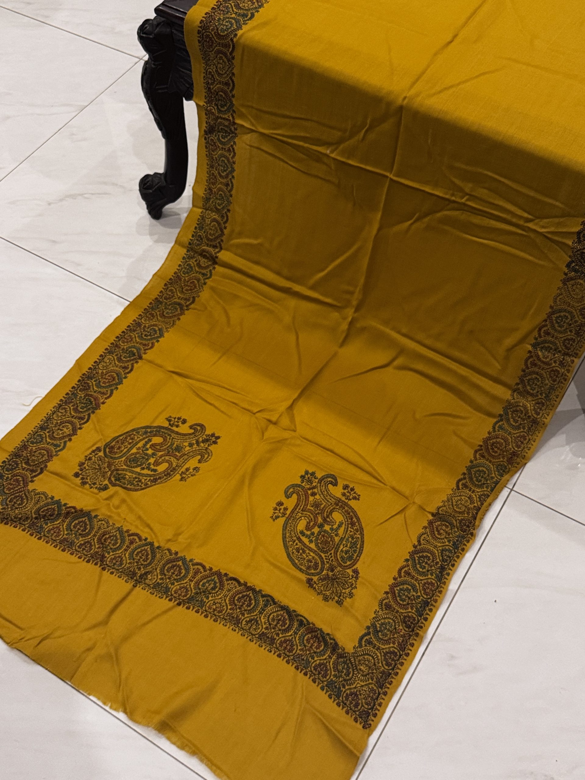 Amber – Mustard Classic Border Pashmina Stole (28x80 Inches) - Image 2