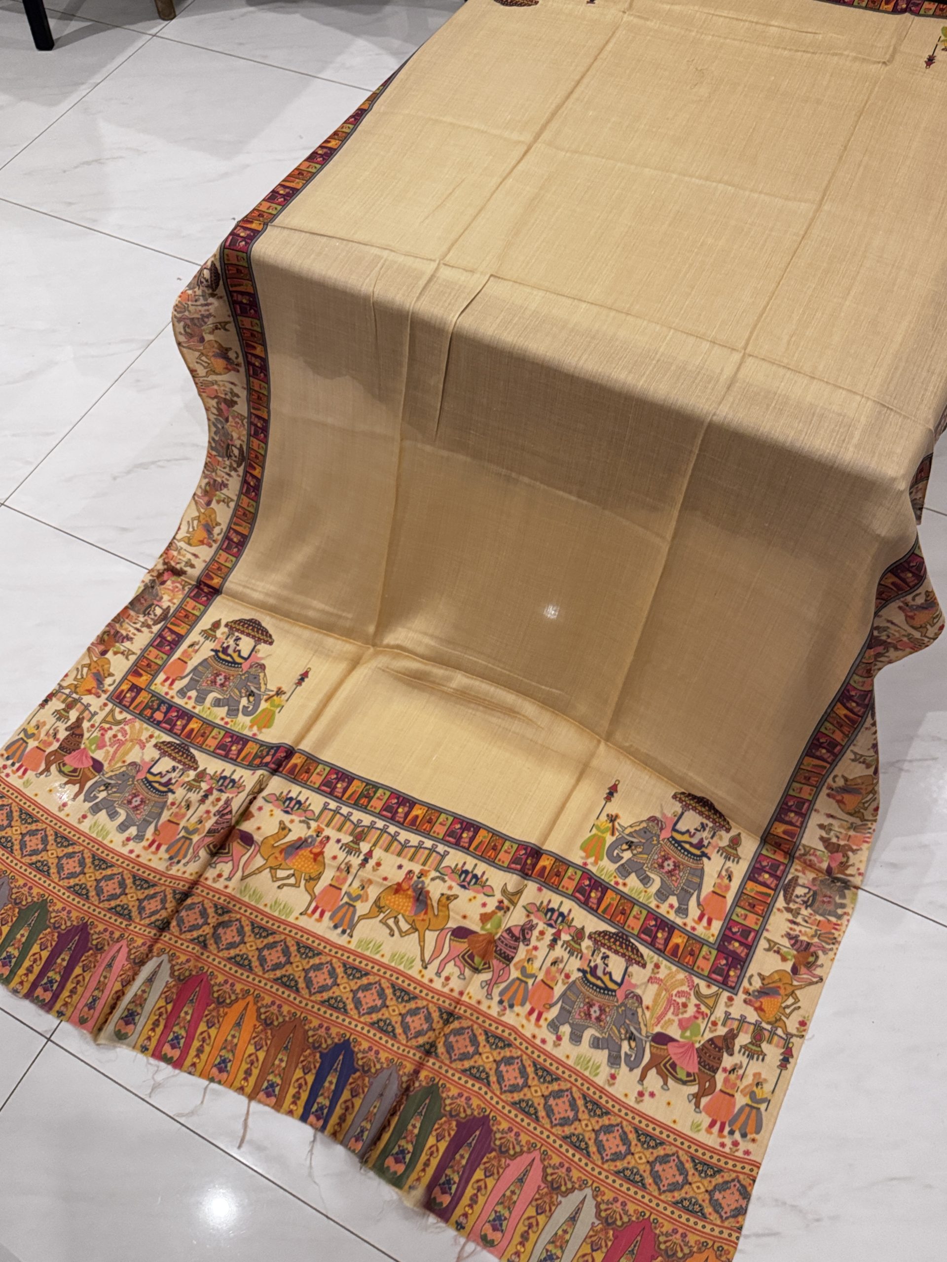 Elephant Style – Printed Pashmina Shawl in Yellowish Beige (2.5 Yards) - Image 2