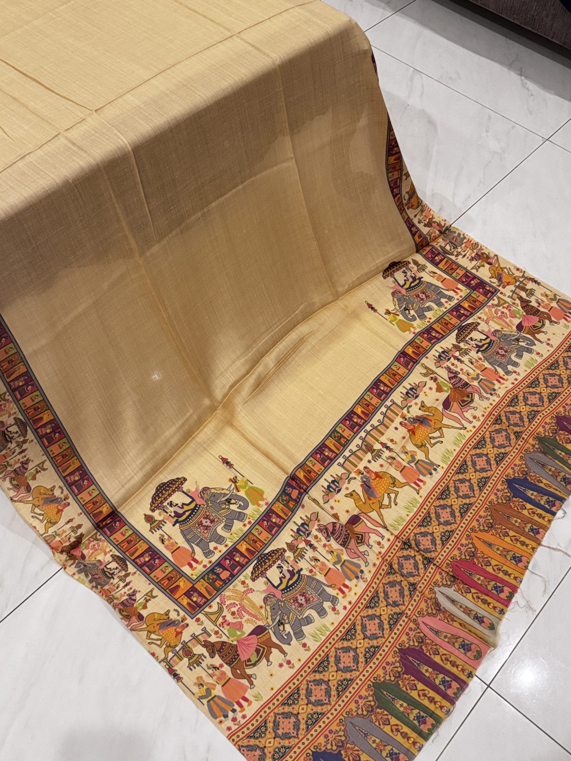 Elephant Style – Printed Pashmina Shawl in Yellowish Beige (2.5 Yards)