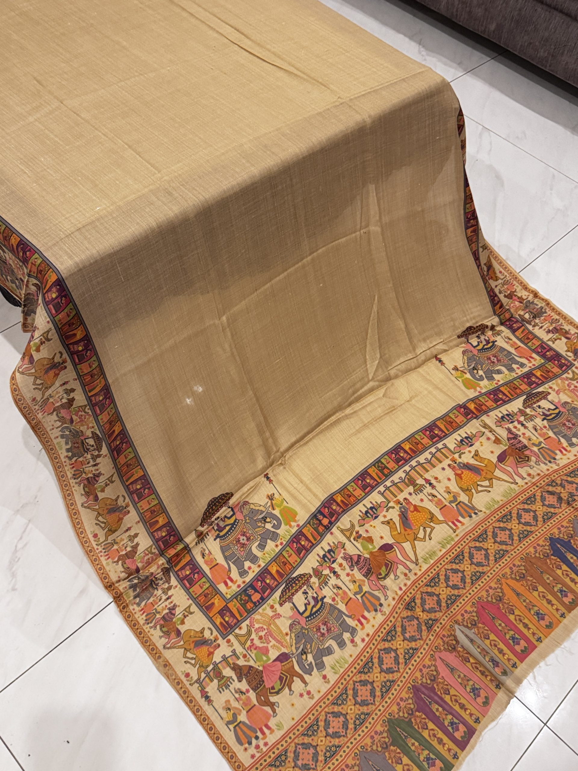 Elephant Style – Printed Pashmina Shawl in Medium Beige (2.5 Yards)