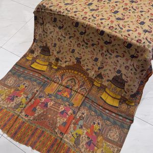 Mehfil – Dark Beige Printed Pashmina Shawl with Mughal Courtyard & Peacock Motifs (2.5 Yards)