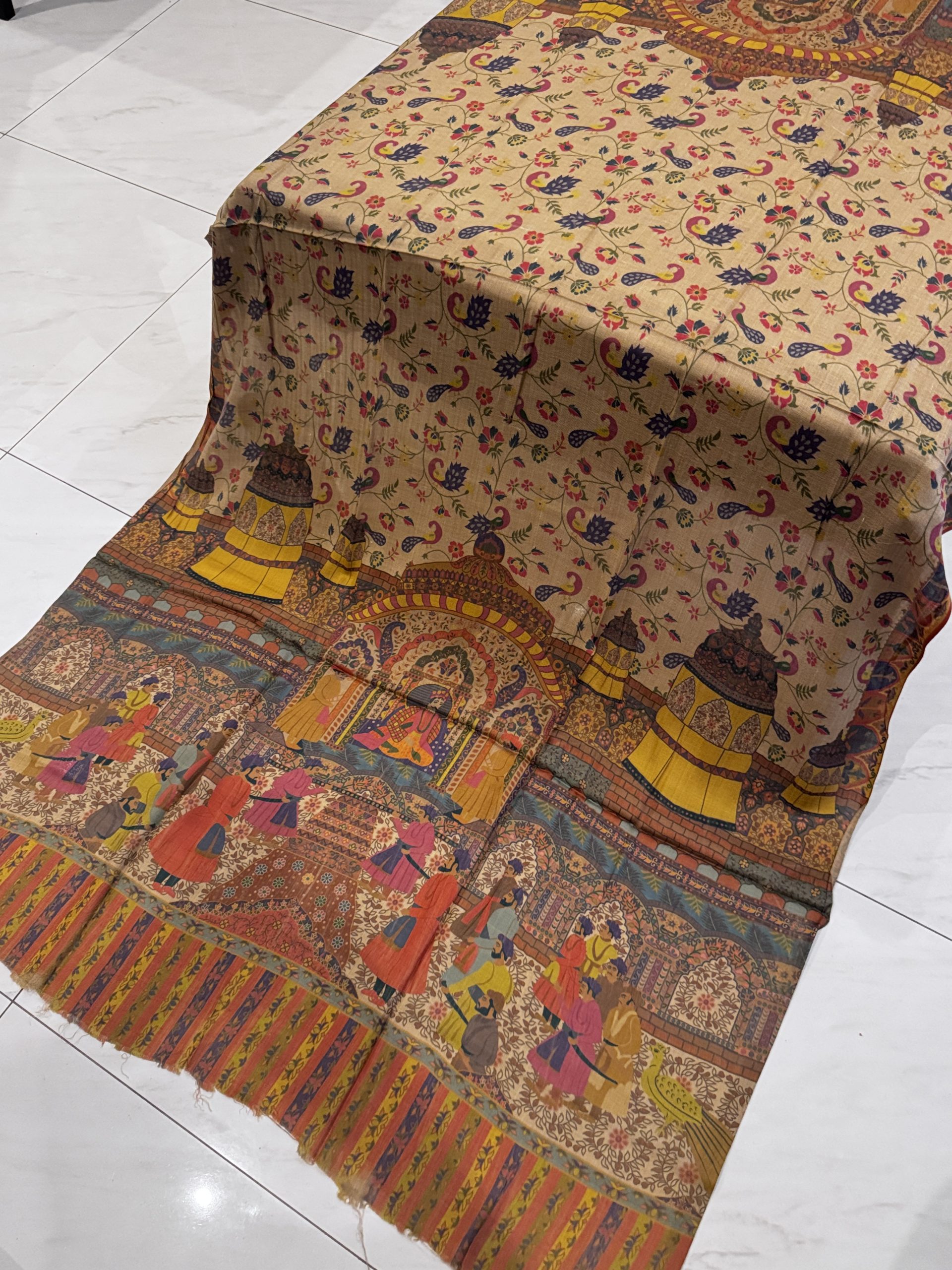 Mehfil – Dark Beige Printed Pashmina Shawl with Mughal Courtyard & Peacock Motifs (2.5 Yards)