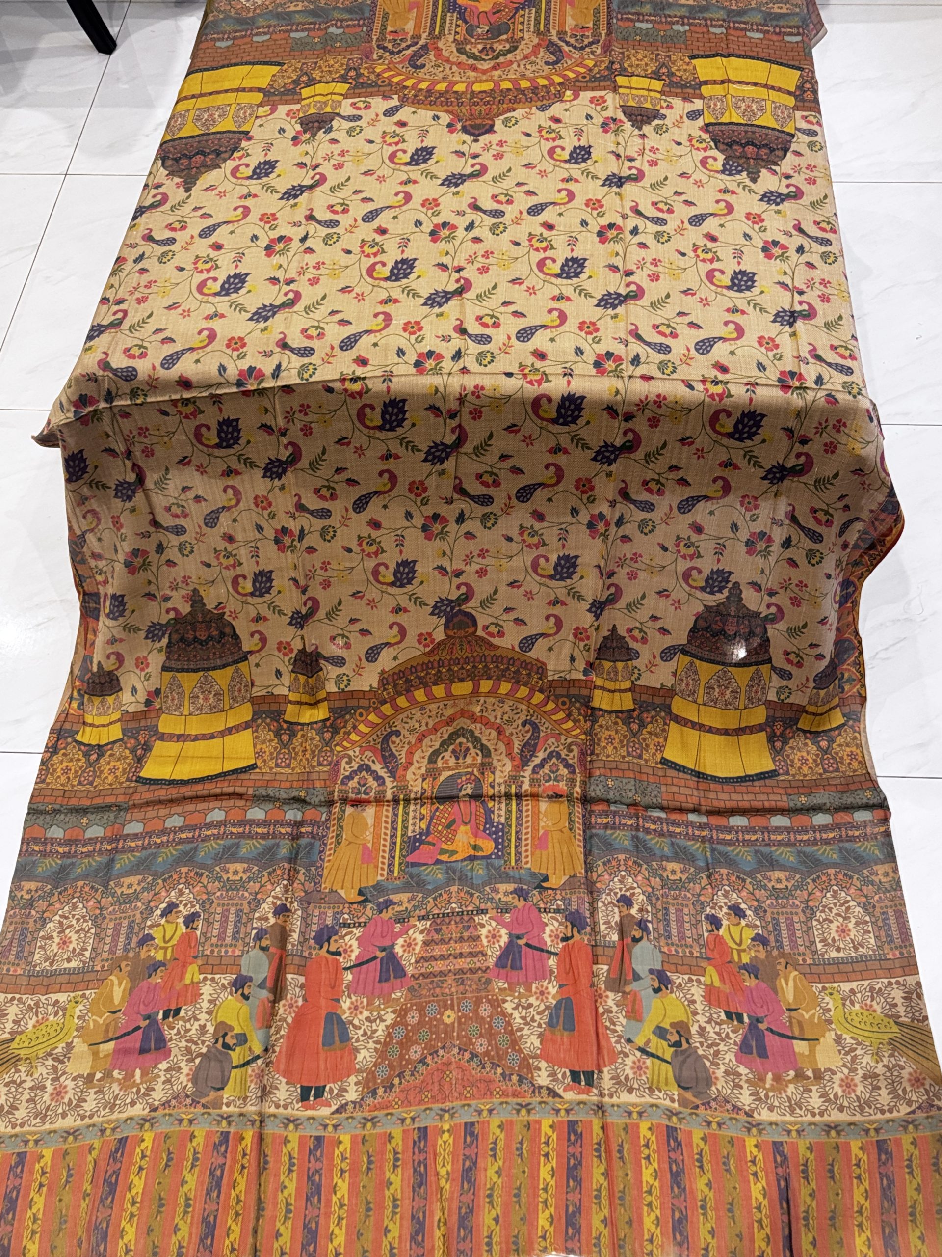 Mehfil – Dark Beige Printed Pashmina Shawl with Mughal Courtyard & Peacock Motifs (2.5 Yards) - Image 2
