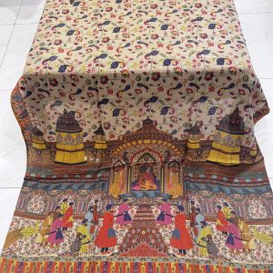 Shehnai – Greyish Beige Printed Pashmina Shawl with Mughal Courtyard & Peacock Motifs (2.5 Yards)