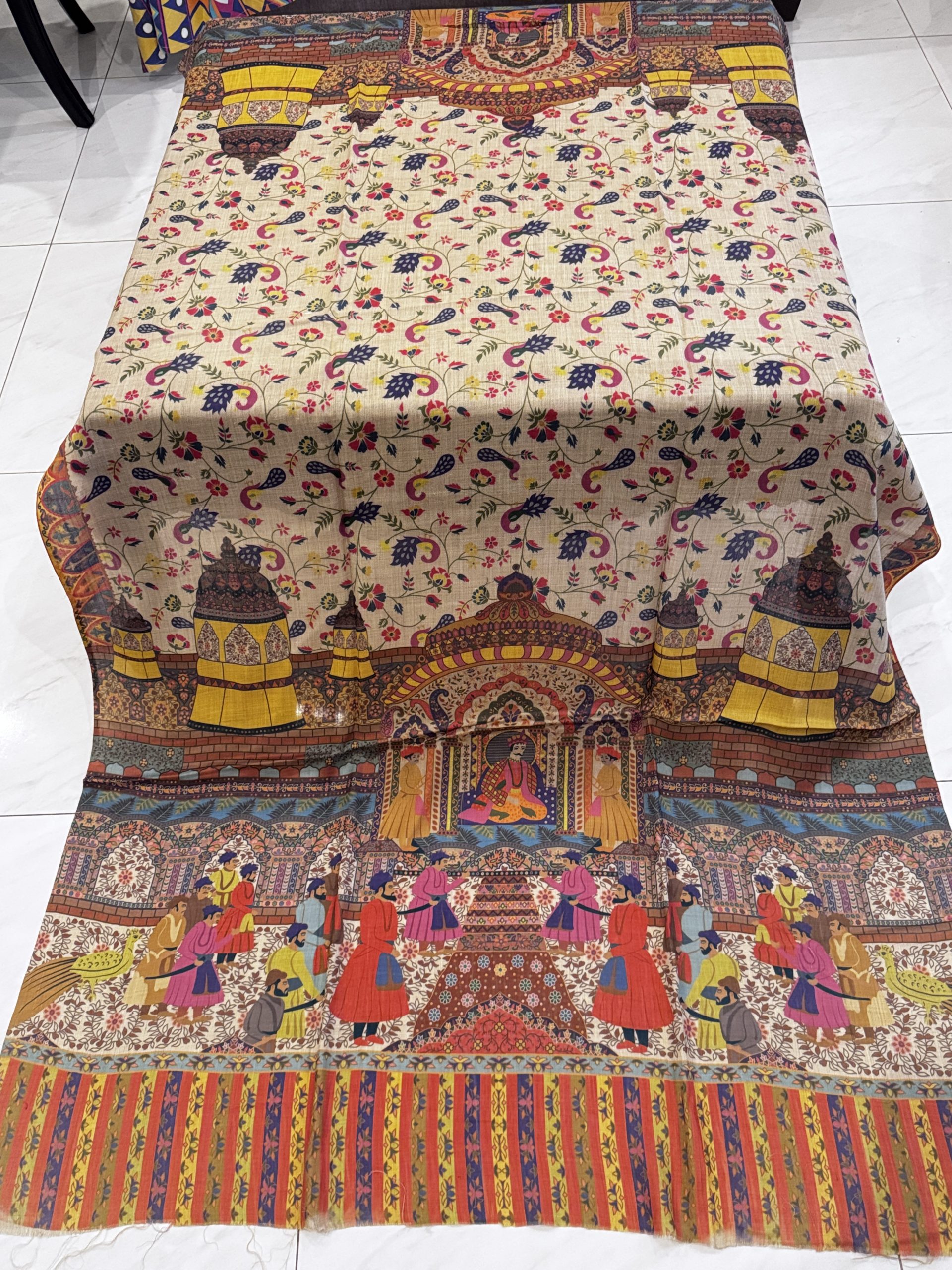 Shehnai – Greyish Beige Printed Pashmina Shawl with Mughal Courtyard & Peacock Motifs (2.5 Yards)