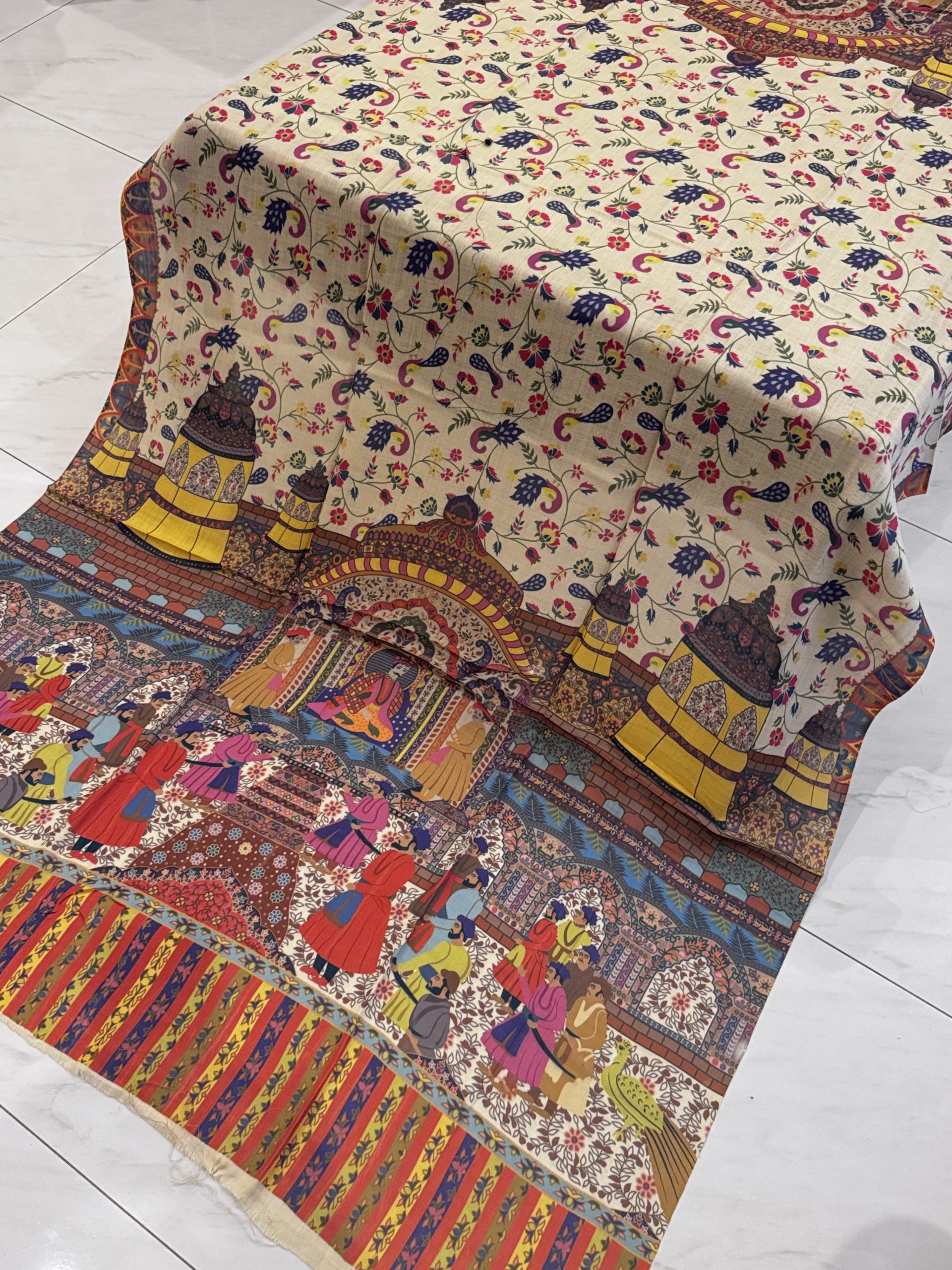 Gulzar – Light Beige Printed Pashmina Shawl with Mughal Courtyard & Peacock Motifs (2.5 Yards) - Image 2