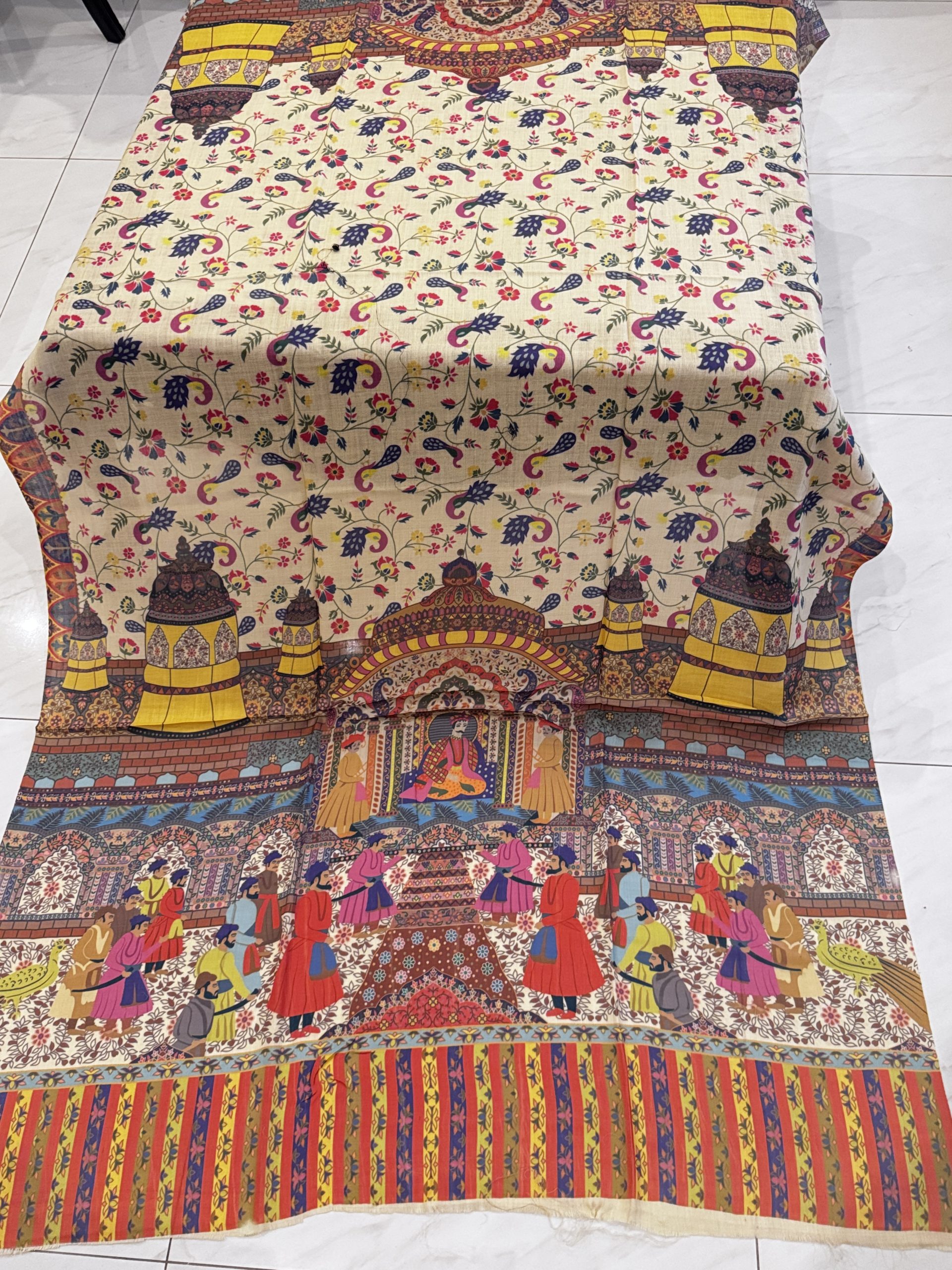 Gulzar – Light Beige Printed Pashmina Shawl with Mughal Courtyard & Peacock Motifs (2.5 Yards)