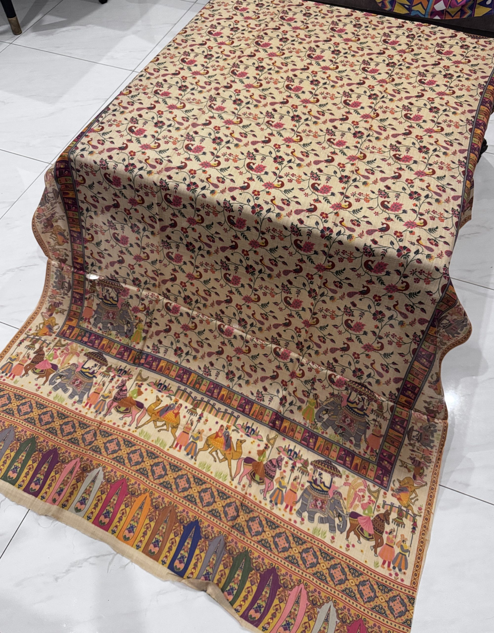 Sitara – Warm Beige Printed Pashmina Shawl with Elephant Border & Peacock Motifs (2.5 Yards) - Image 2