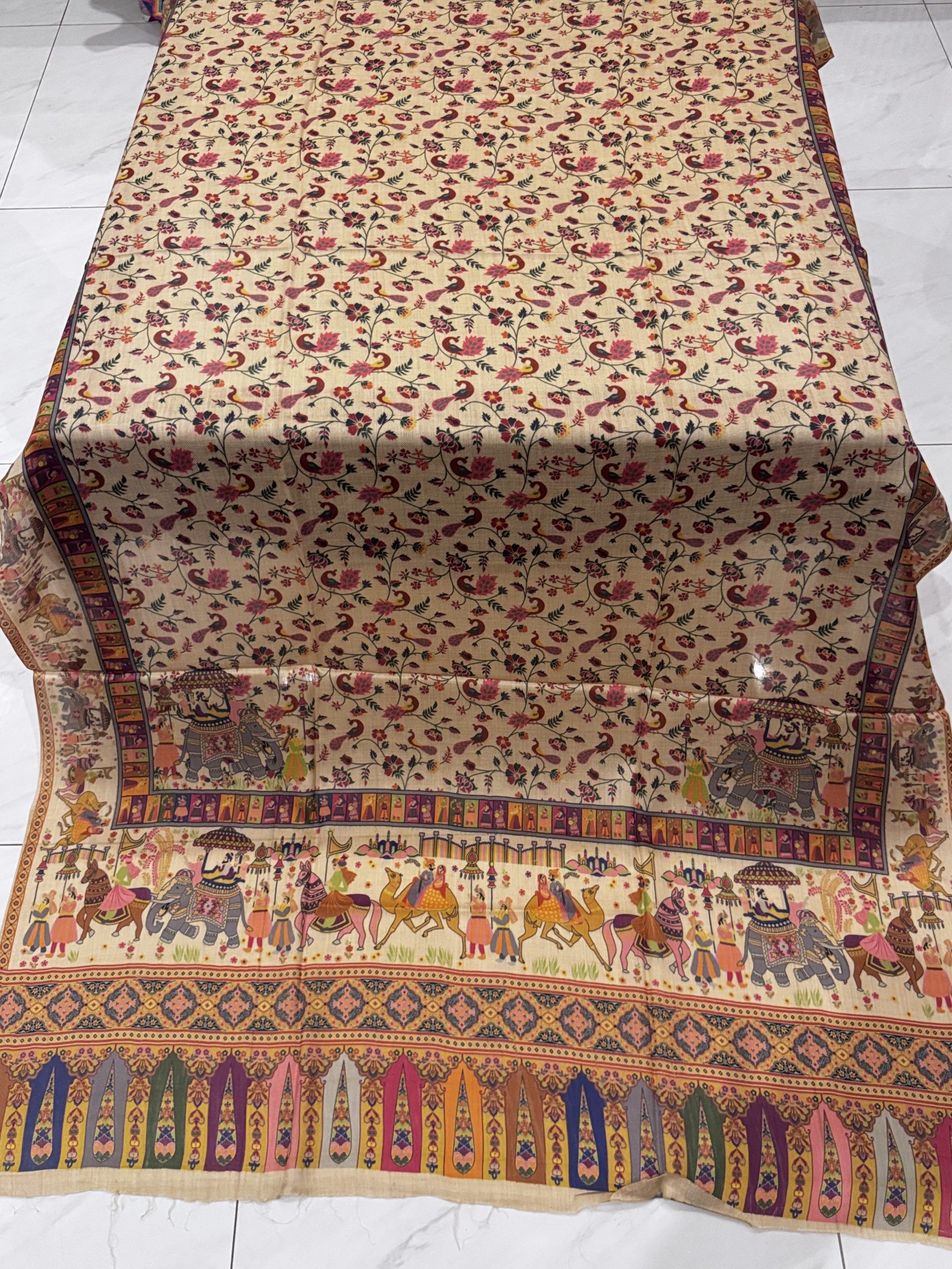 Sitara – Warm Beige Printed Pashmina Shawl with Elephant Border & Peacock Motifs (2.5 Yards) - Image 3