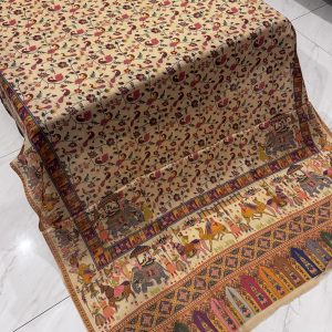 Sitara – Warm Beige Printed Pashmina Shawl with Elephant Border & Peacock Motifs (2.5 Yards)