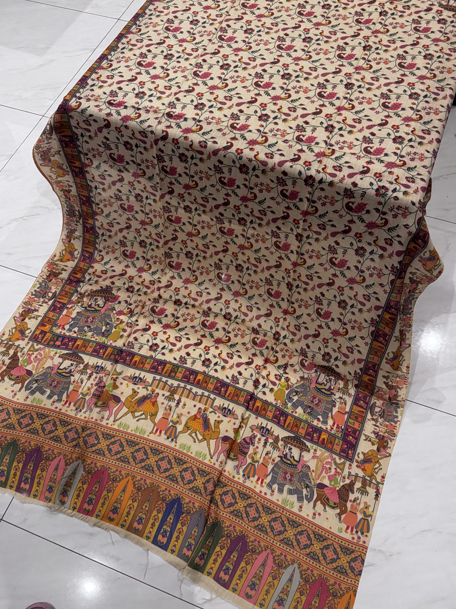 Zehra – Light Beige Printed Pashmina Shawl with Elephant Border & Peacock Motifs (2.5 Yards) - Image 2
