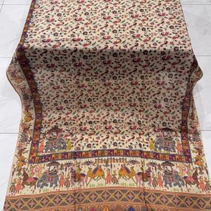 Zehra – Light Beige Printed Pashmina Shawl with Elephant Border & Peacock Motifs (2.5 Yards)