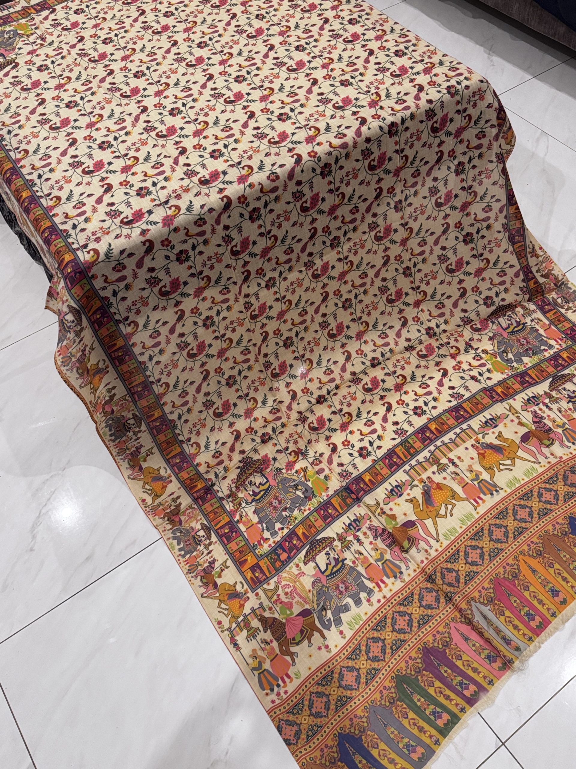 Zehra – Light Beige Printed Pashmina Shawl with Elephant Border & Peacock Motifs (2.5 Yards) - Image 3