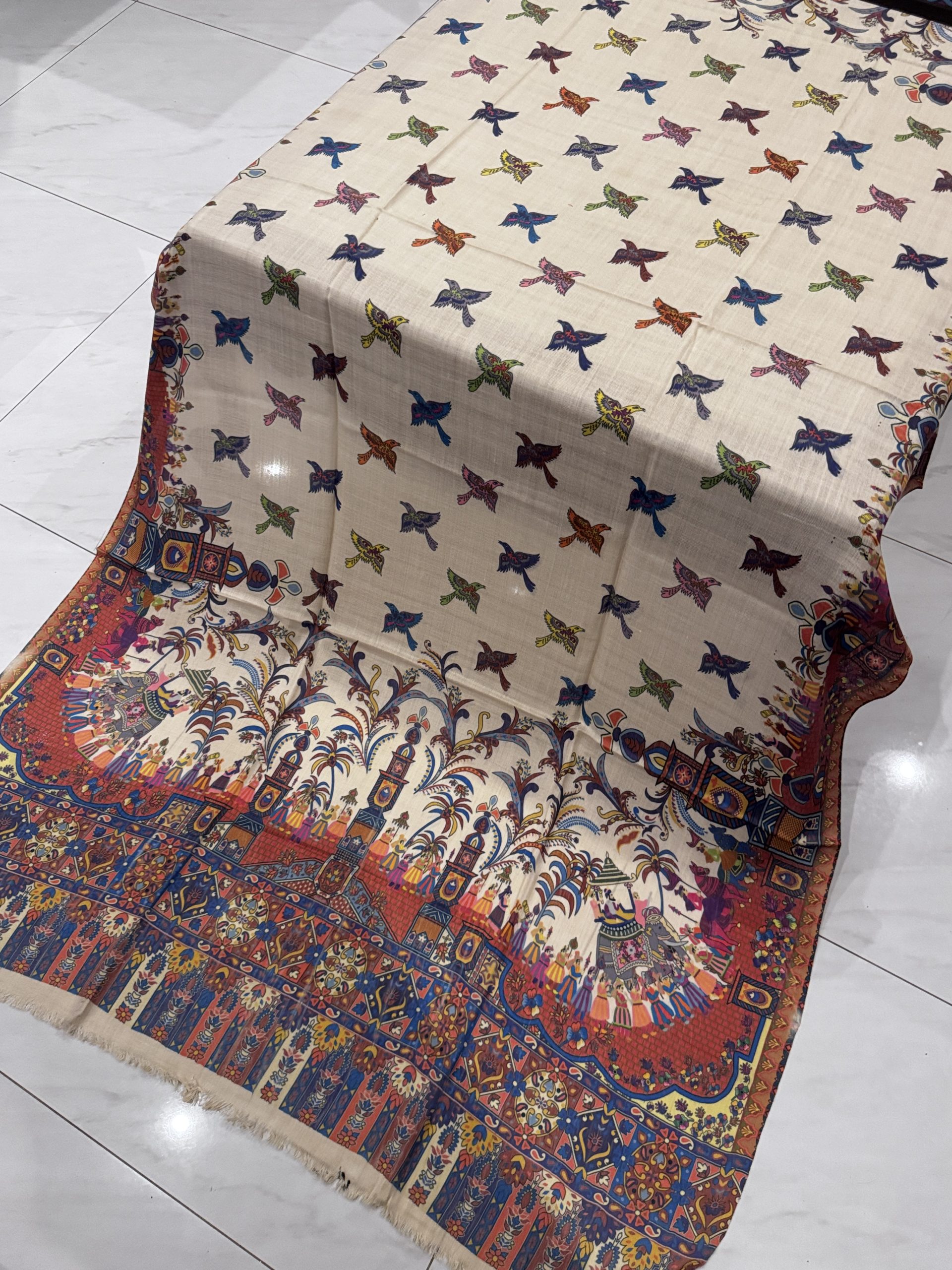 Gulshan – Light Beige Printed Pashmina Shawl with Mughal Baraat Border & Bird Motifs (2.5 Yards) - Image 3