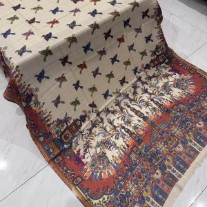 Gulshan – Light Beige Printed Pashmina Shawl with Mughal Baraat Border & Bird Motifs (2.5 Yards)