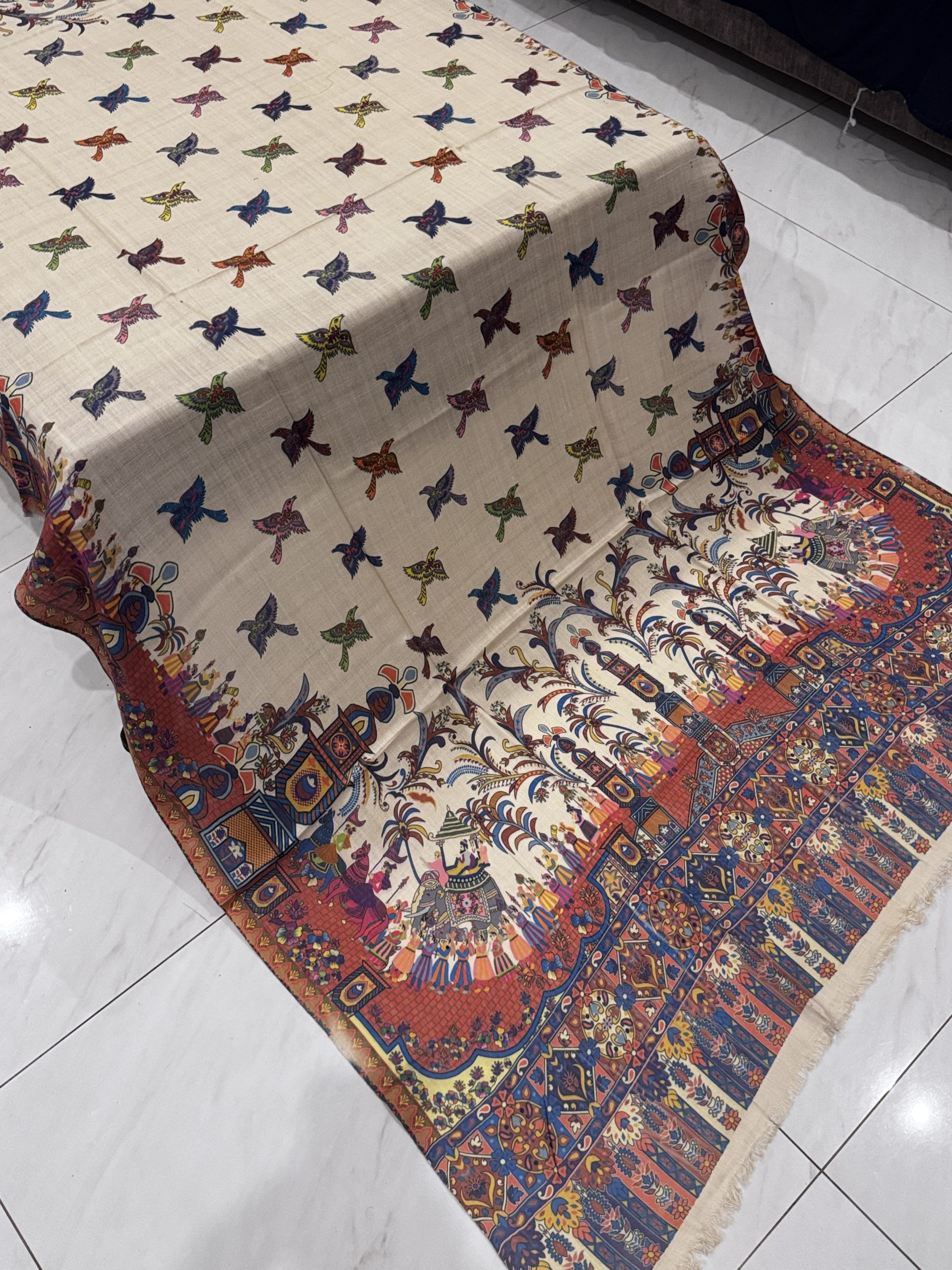 Gulshan – Light Beige Printed Pashmina Shawl with Mughal Baraat Border & Bird Motifs (2.5 Yards)