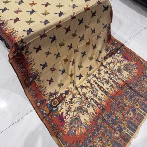 Parinda – Warm Beige Printed Pashmina Shawl with Mughal Baraat Border & Bird Motifs (2.5 Yards)