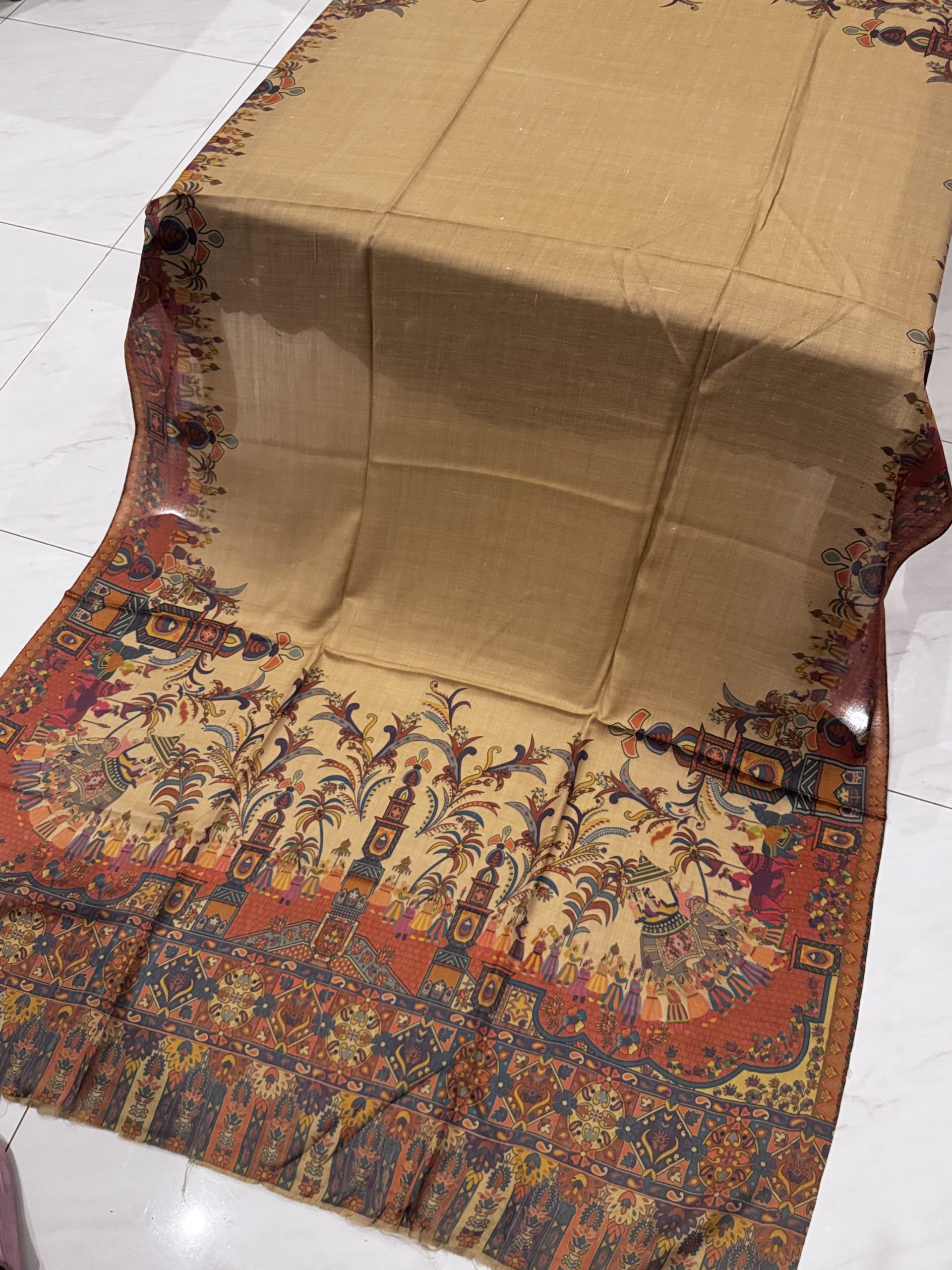 Nawabi – Dark Brown Beige Printed Pashmina Shawl - Image 3