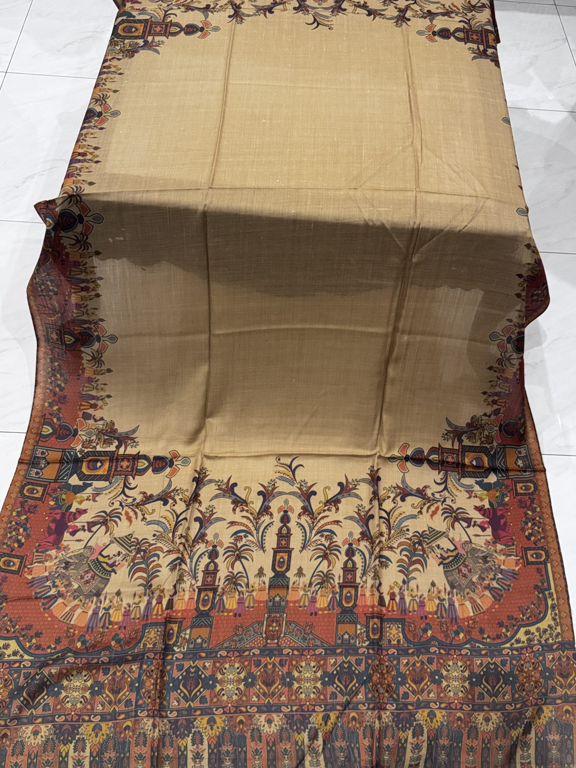 Nawabi – Dark Brown Beige Printed Pashmina Shawl - Image 2