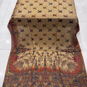 Shalimar – Dark Beige Printed Pashmina Shawl with Mughal Baraat Border & Bird Motifs (2.5 Yards)