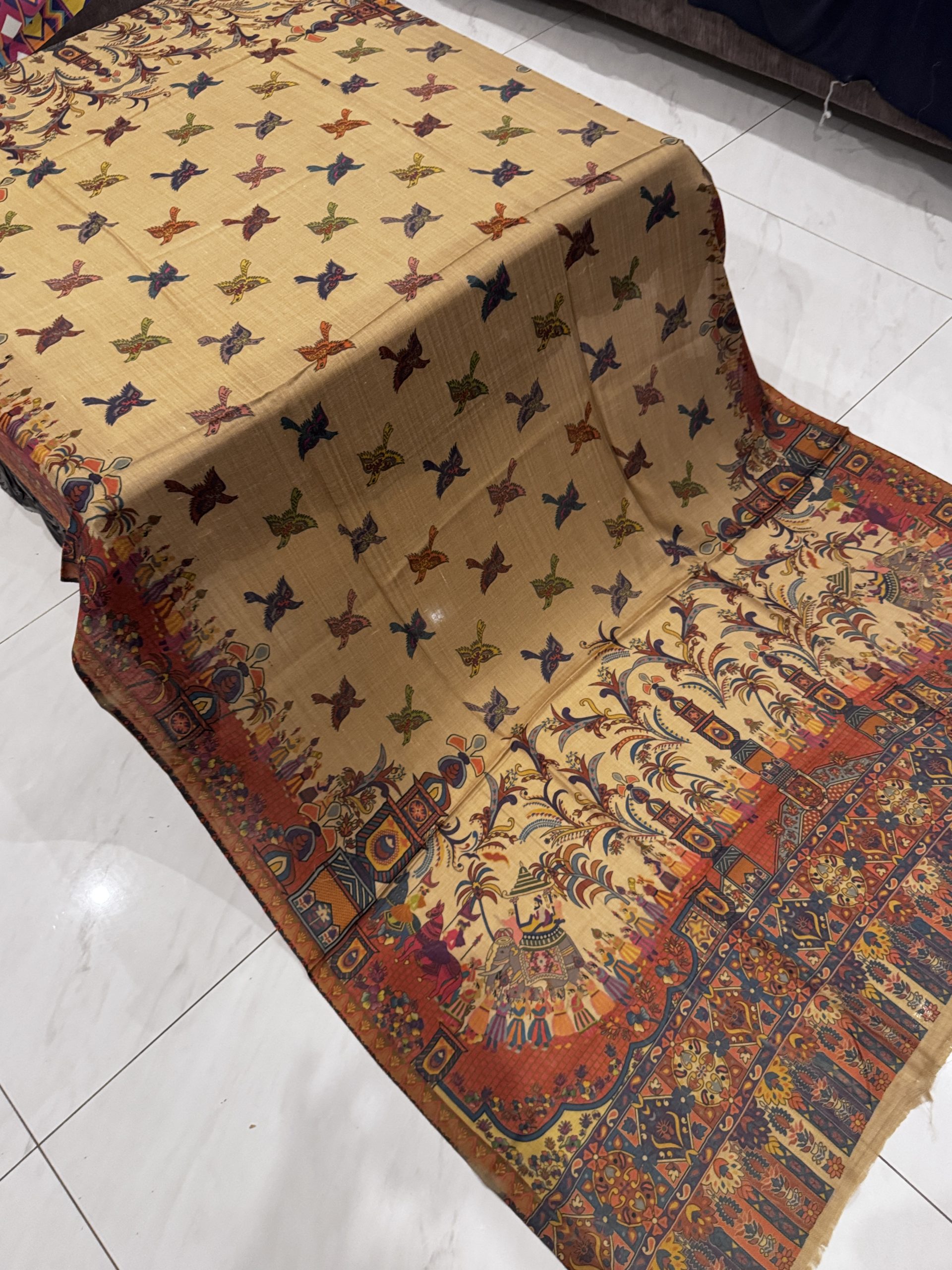 Shalimar – Dark Beige Printed Pashmina Shawl with Mughal Baraat Border & Bird Motifs (2.5 Yards) - Image 3