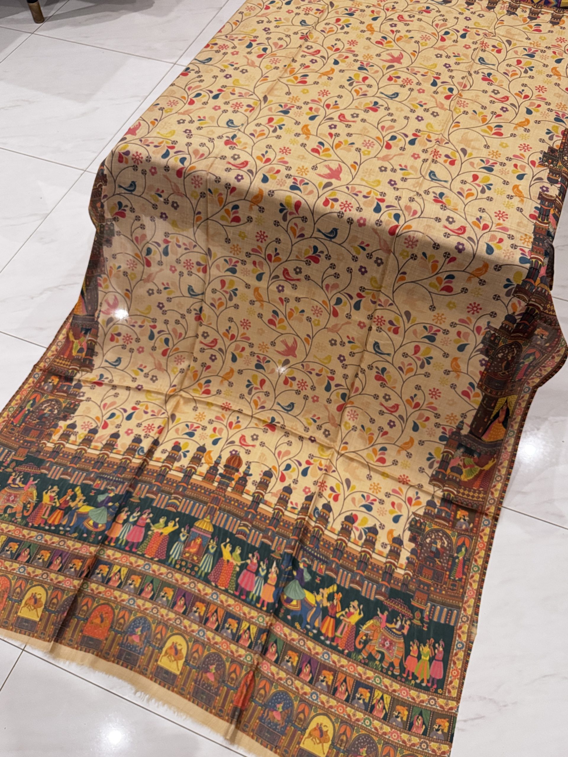 Riwaayat – Warm Beige Printed Pashmina Shawl with Mughal Wedding Function Design (2.5 Yards) - Image 2