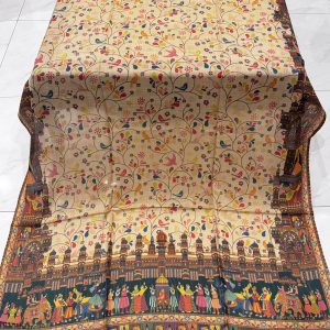 Riwaayat – Warm Beige Printed Pashmina Shawl with Mughal Wedding Function Design (2.5 Yards)