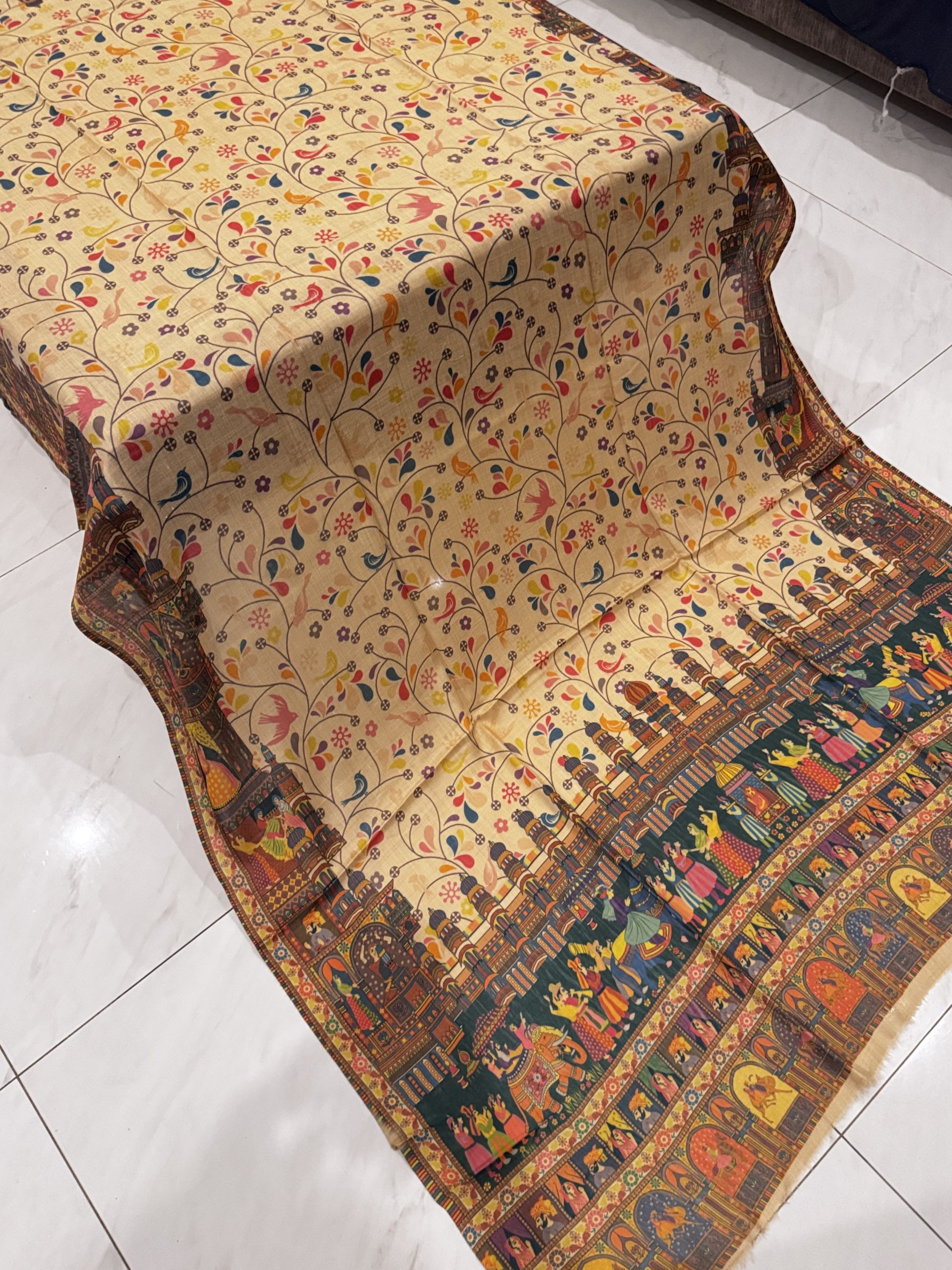 Riwaayat – Warm Beige Printed Pashmina Shawl with Mughal Wedding Function Design (2.5 Yards) - Image 3