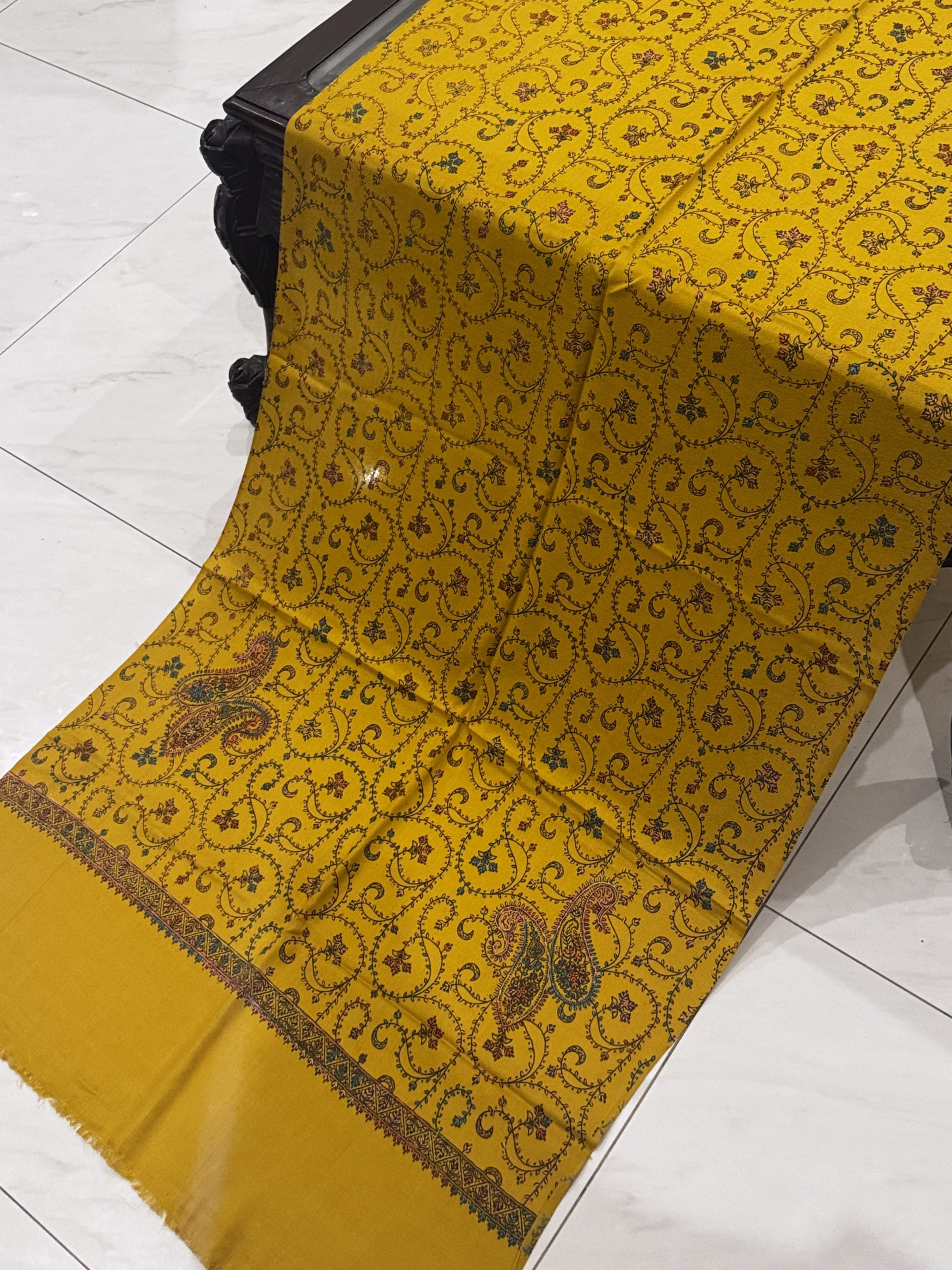 Mahveen – Mustard Pashmina Stole with Full Embroidery (28x80 inches) - Image 3
