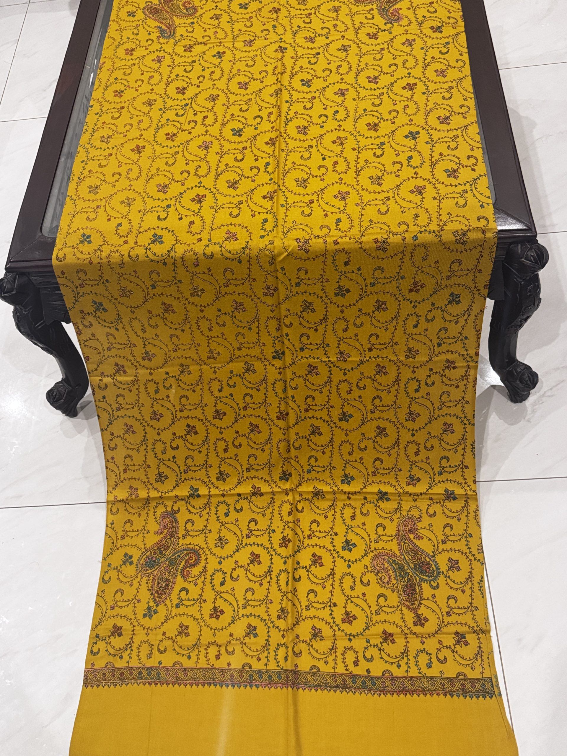 Mahveen – Mustard Pashmina Stole with Full Embroidery (28x80 inches) - Image 2