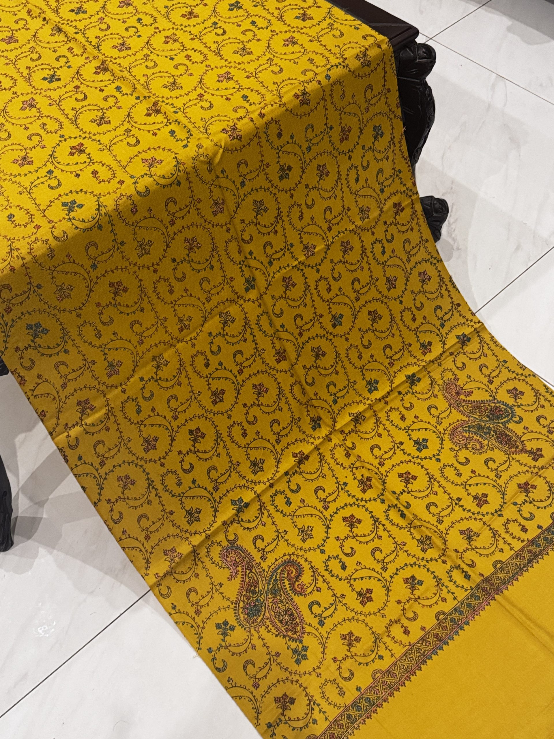 Mahveen – Mustard Pashmina Stole with Full Embroidery (28x80 inches)