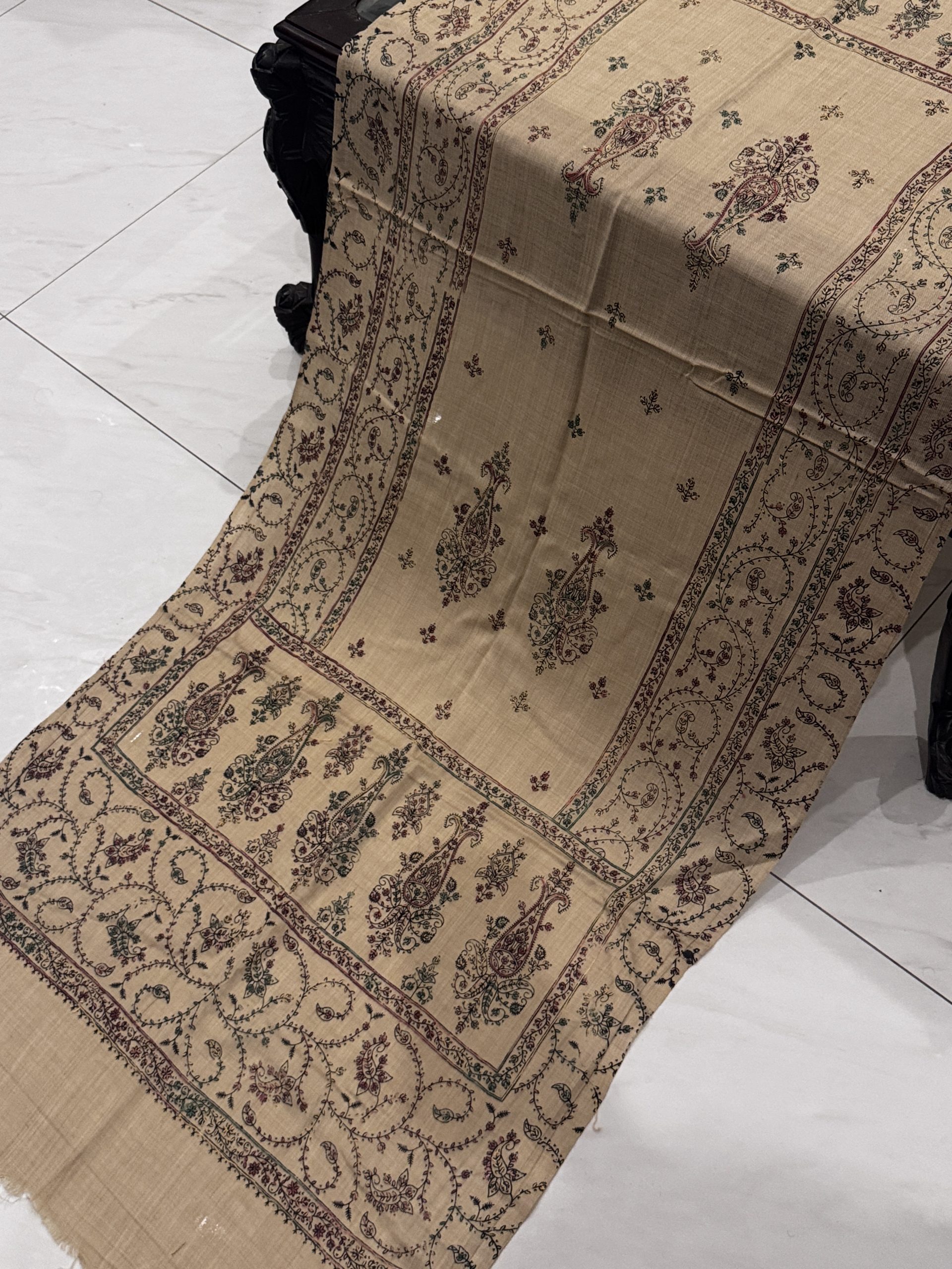 Zareen – Light Beige Pashmina Stole with Full Embroidery (28x80 inches) - Image 2
