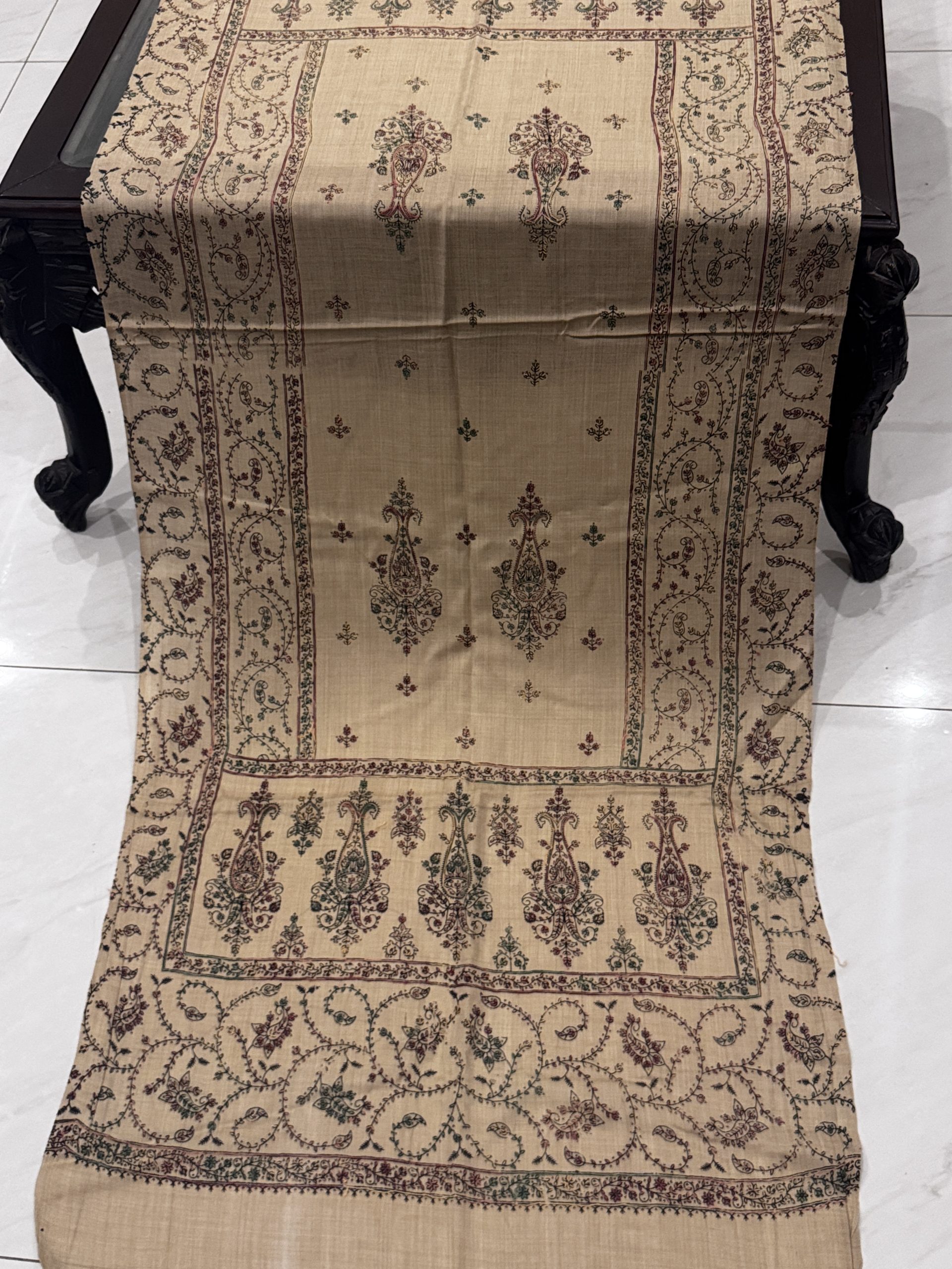 Zareen – Light Beige Pashmina Stole with Full Embroidery (28x80 inches)