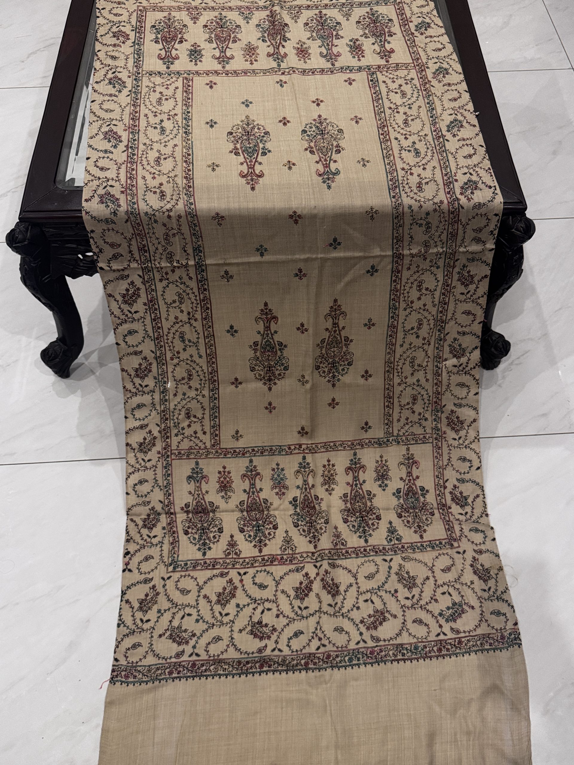 Shehnaz – Light Beige Pashmina Stole with Full Embroidery (28x80 inches) - Image 3