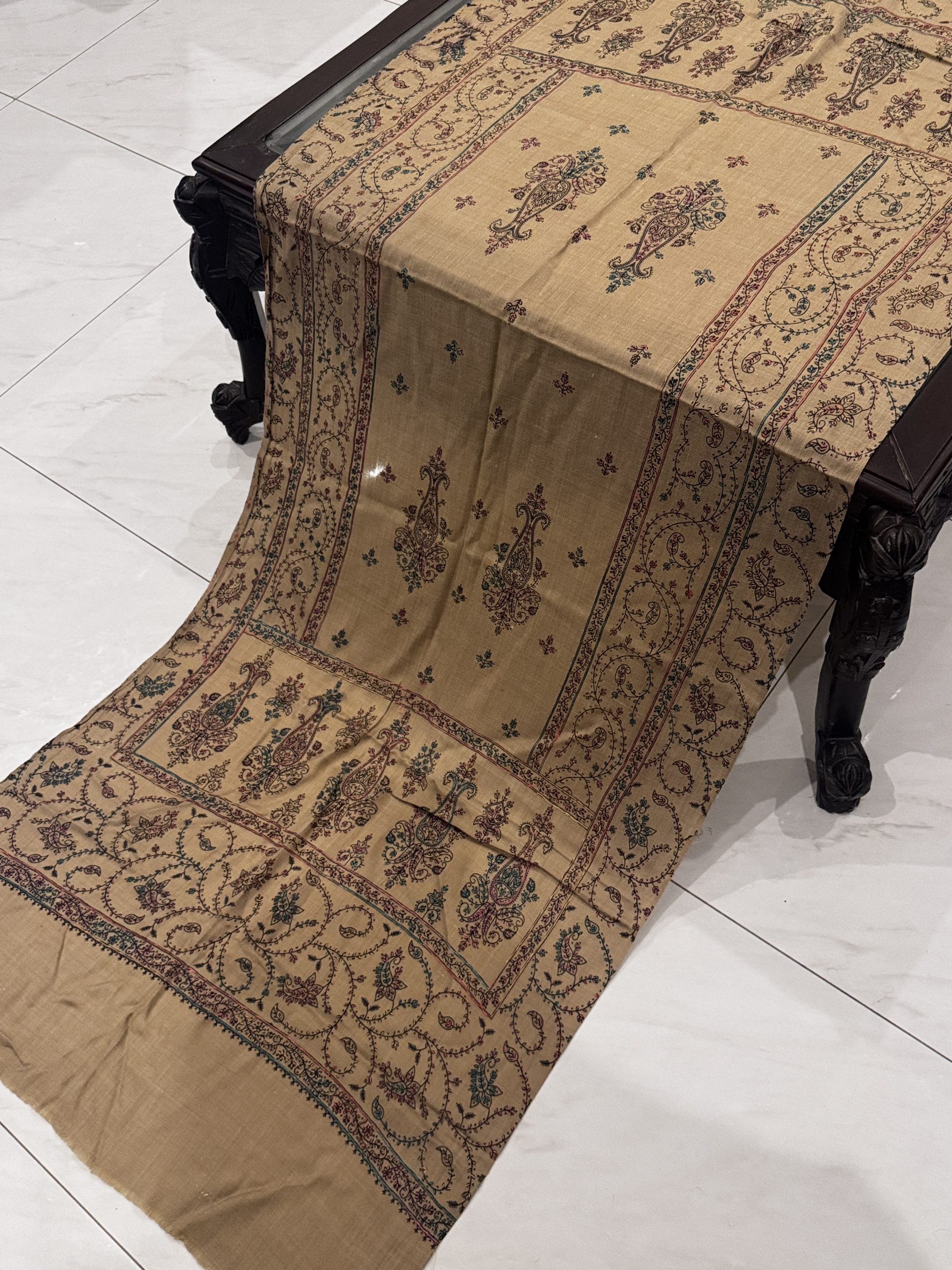 Meher – Dark Beige Pashmina Stole with Full Embroidery (28x80 inches) - Image 2