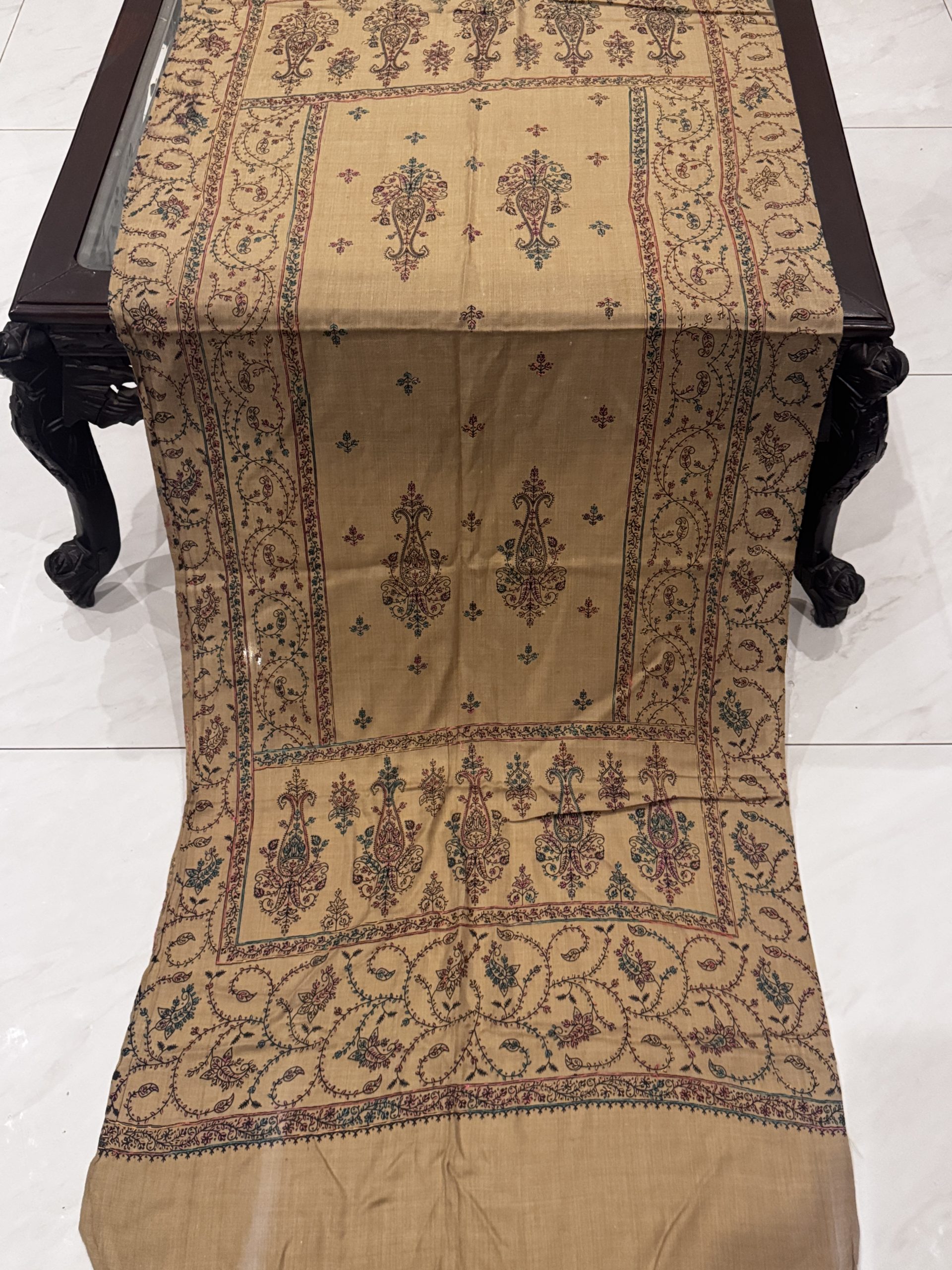 Meher – Dark Beige Pashmina Stole with Full Embroidery (28x80 inches) - Image 3