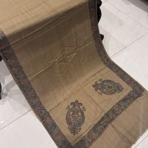 Sehar – Dark Brown Beige Pashmina Stole with Classic Border Embroidery (28x80 inches)