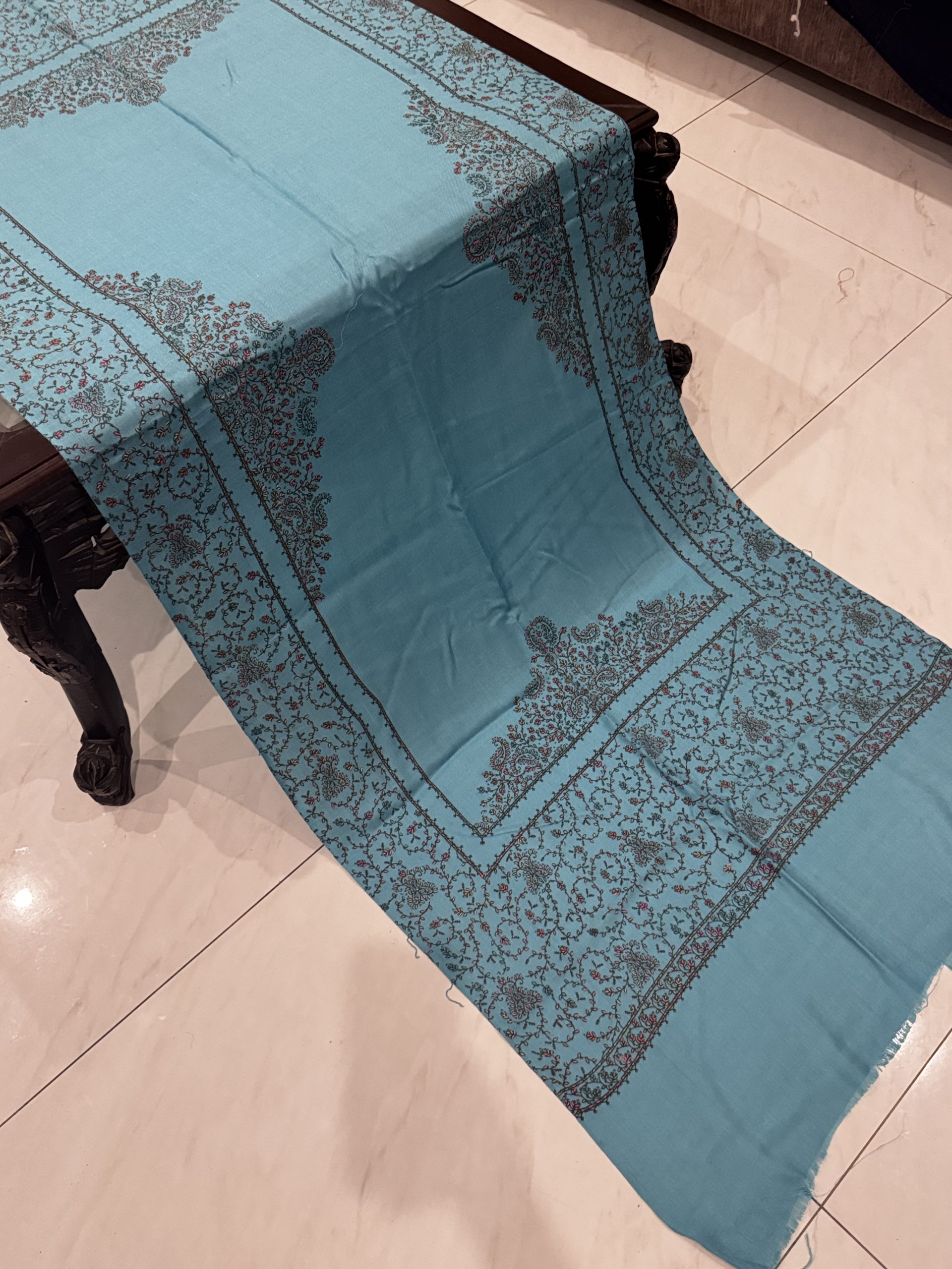 Parizad – Firozi Pashmina Stole with Four Border Full Embroidery (28x80 inches)