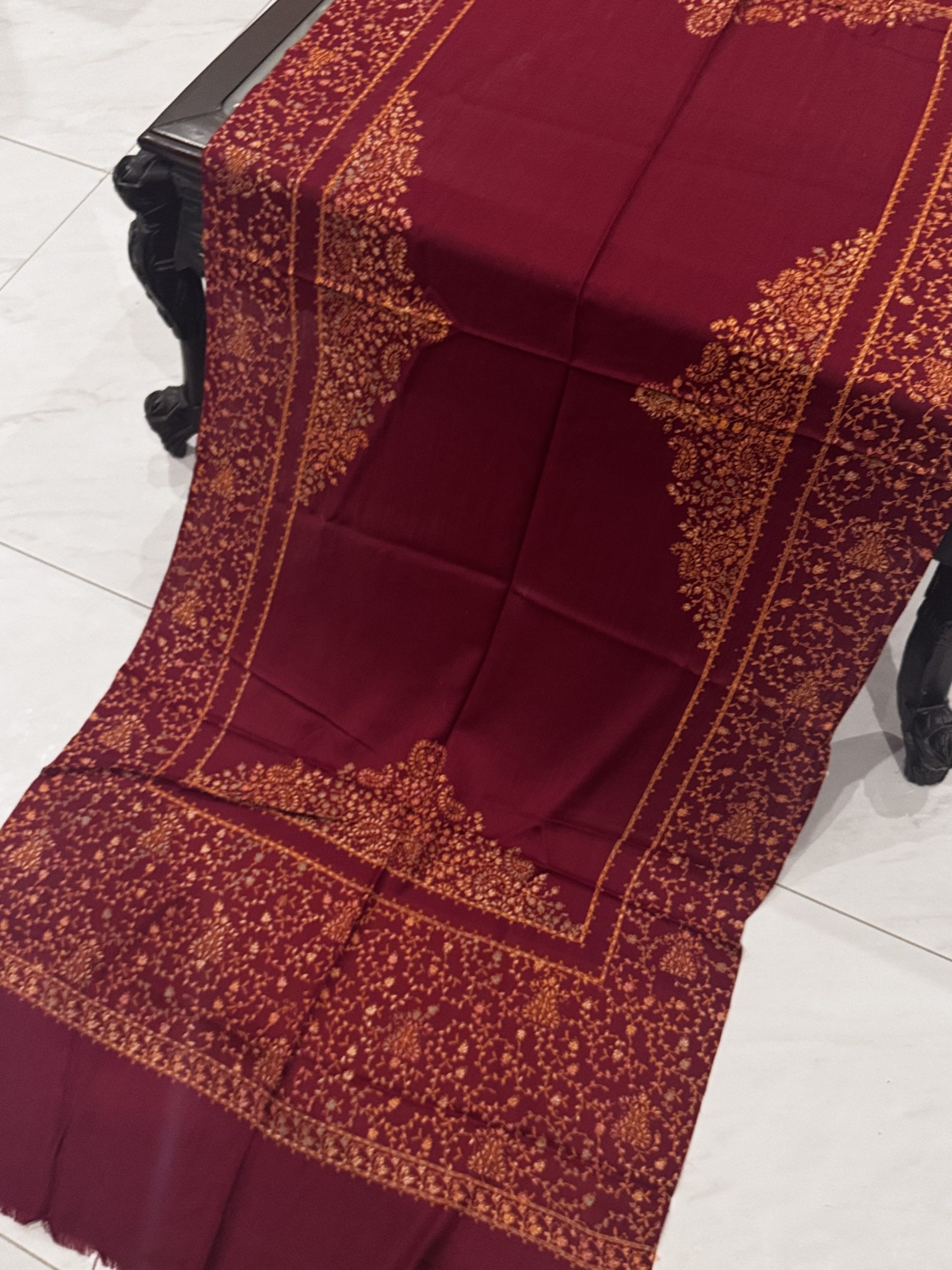 Sehrish – Maroon Pashmina Stole with Four Border Full Embroidery (28x80 inches) - Image 3