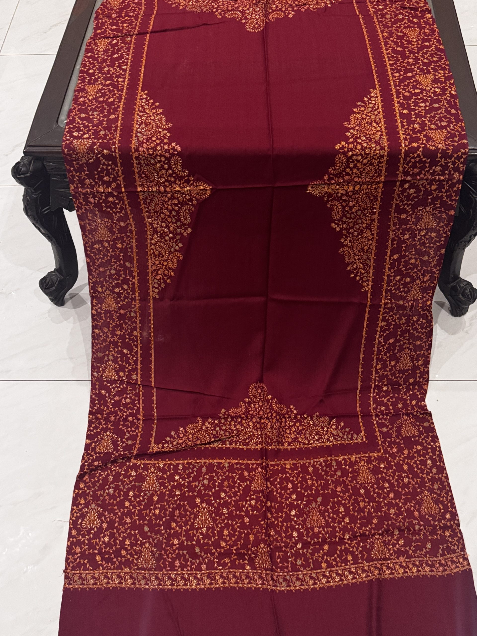 Sehrish – Maroon Pashmina Stole with Four Border Full Embroidery (28x80 inches) - Image 2