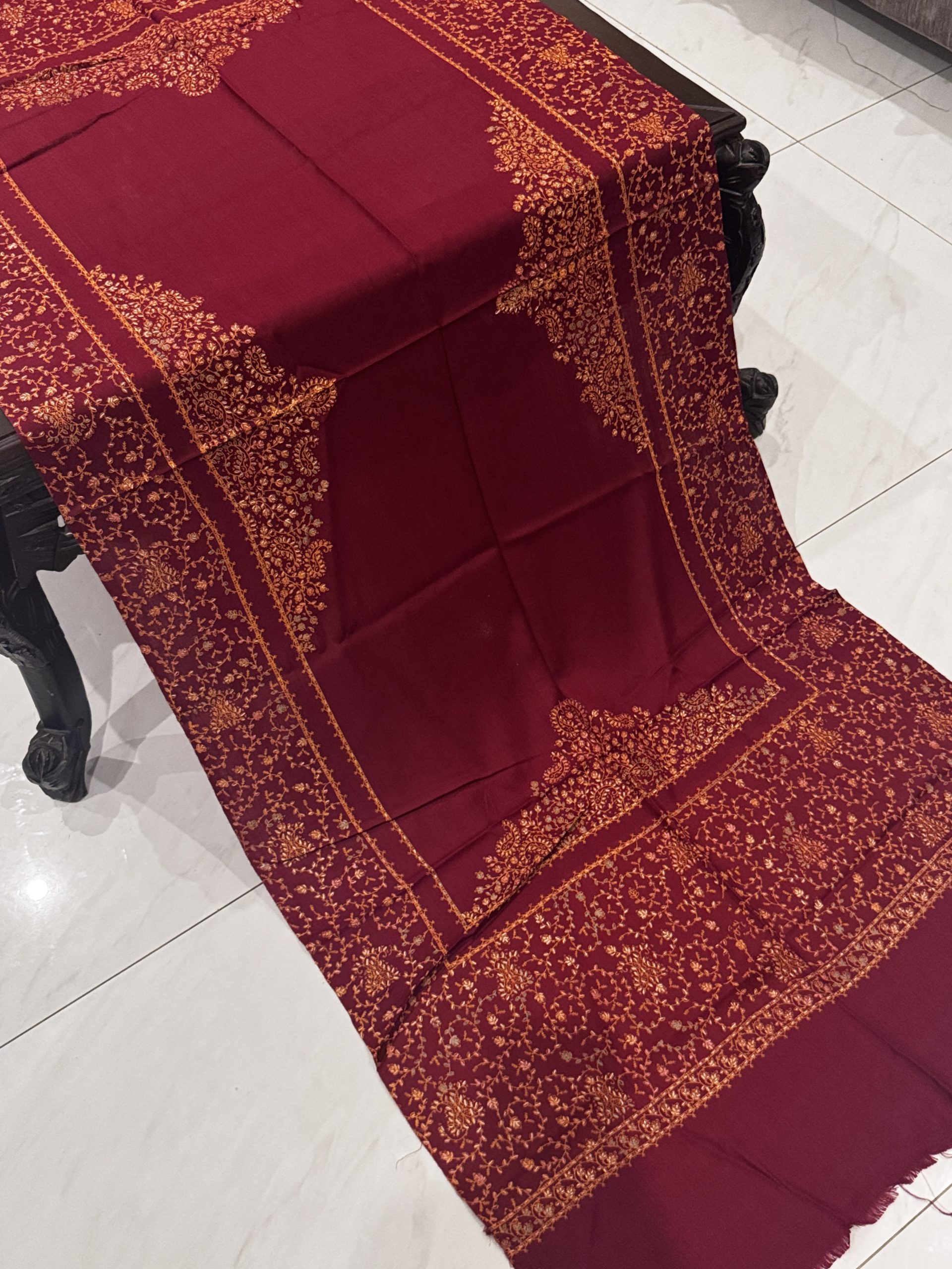 Sehrish – Maroon Pashmina Stole with Four Border Full Embroidery (28x80 inches)