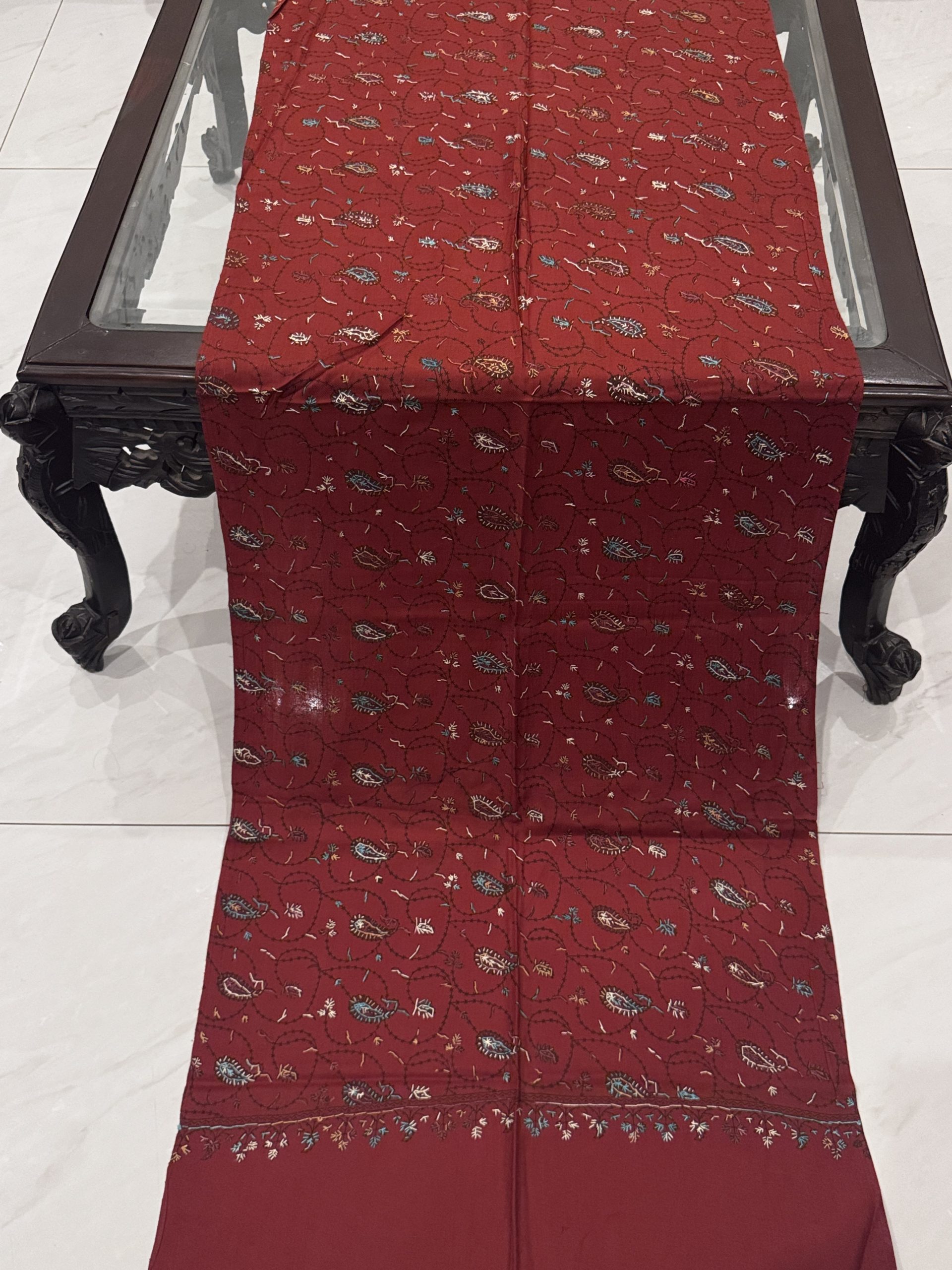 Sahar – Rust Pashmina Stole with Unique Full Embroidery (28x80 inches) - Image 3