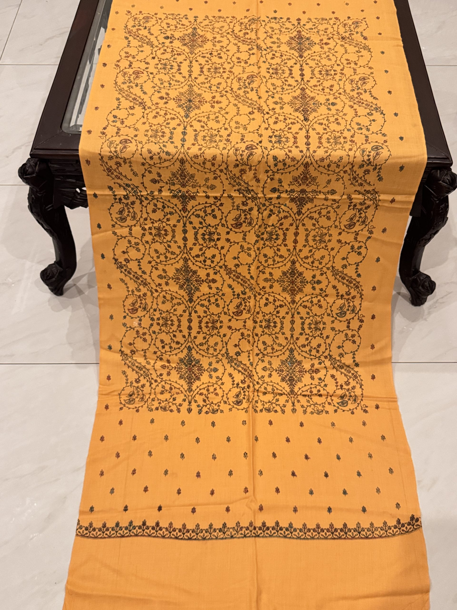 Amira – Light Mango Pashmina Stole with Unique Full Embroidery (28x80 inches)