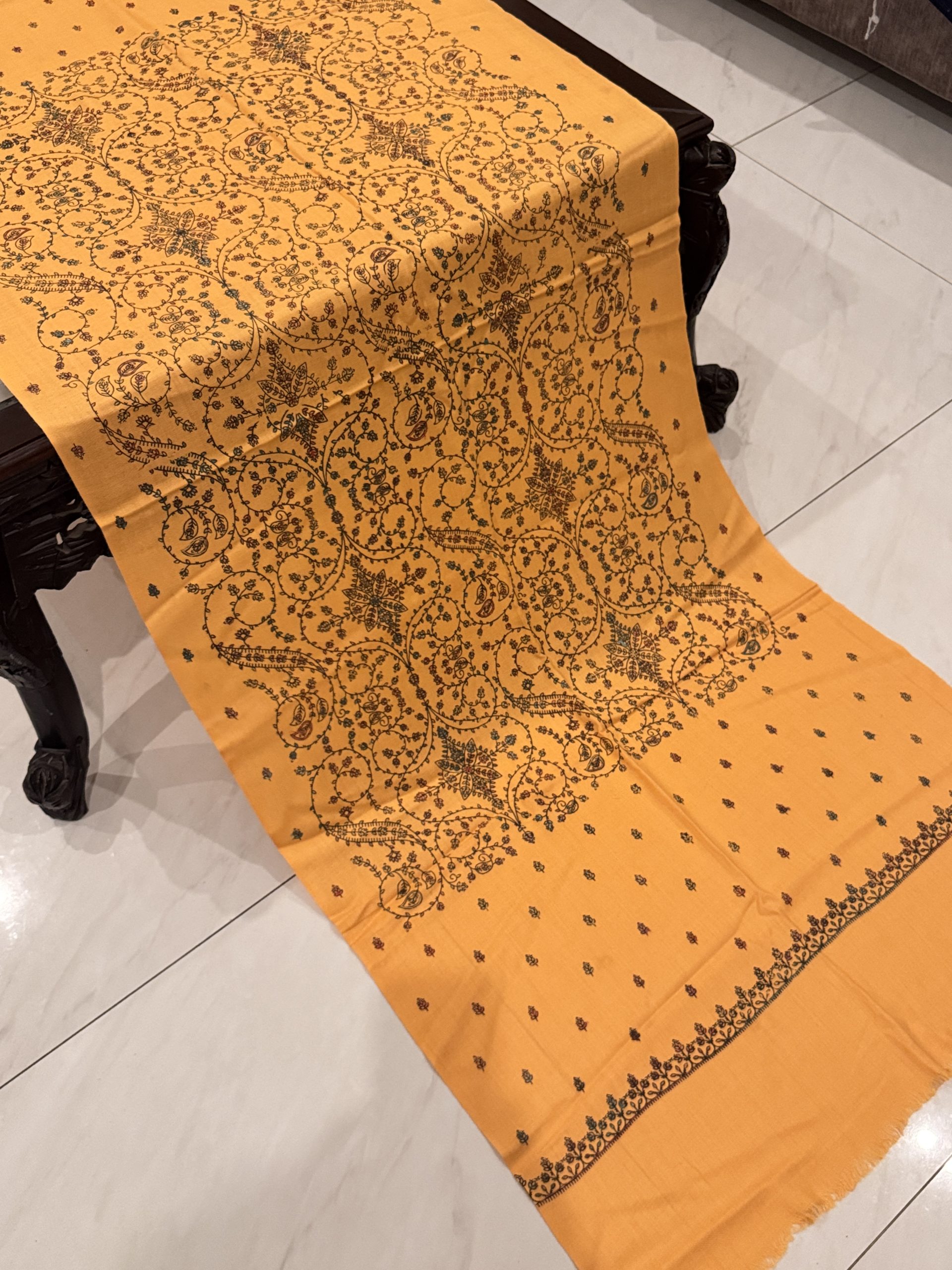 Amira – Light Mango Pashmina Stole with Unique Full Embroidery (28x80 inches) - Image 3